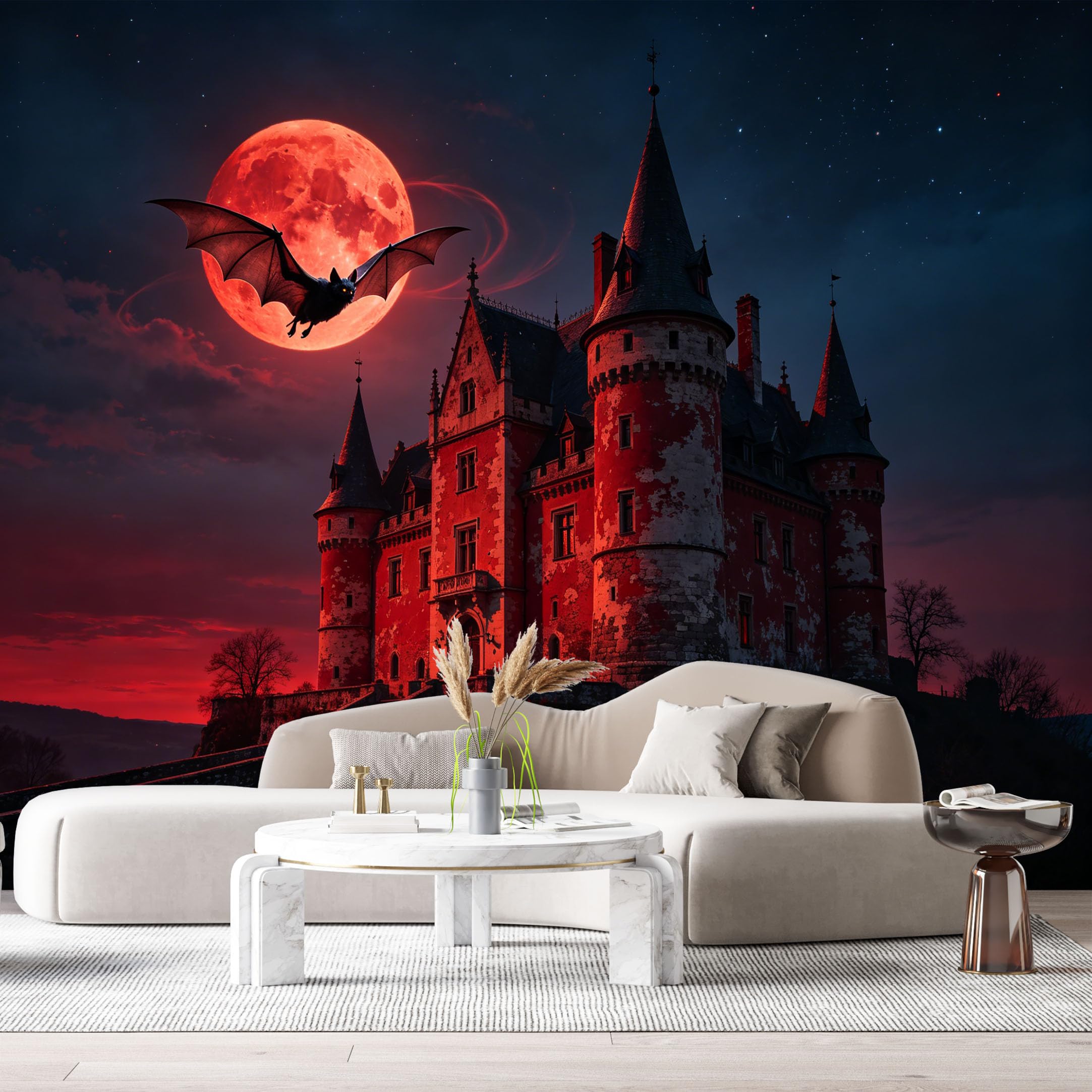Custom Size Wall Murals Night Castle Red Moon Dark Architecture 3D Trompe L'Oeil SelfAdhesive Wall Fabric Removable Large Wallpaper for Photo Living Room