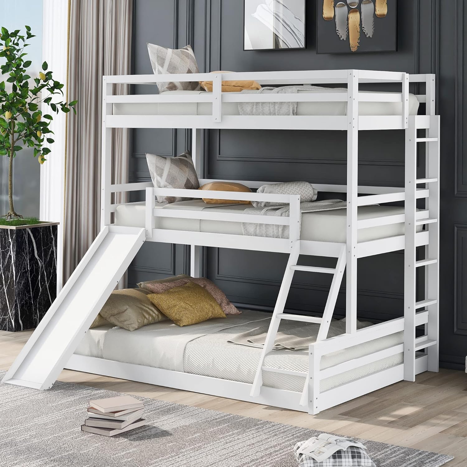 Twin Over Twin Over Full Triple Bunk Bed with Slide and Convertible