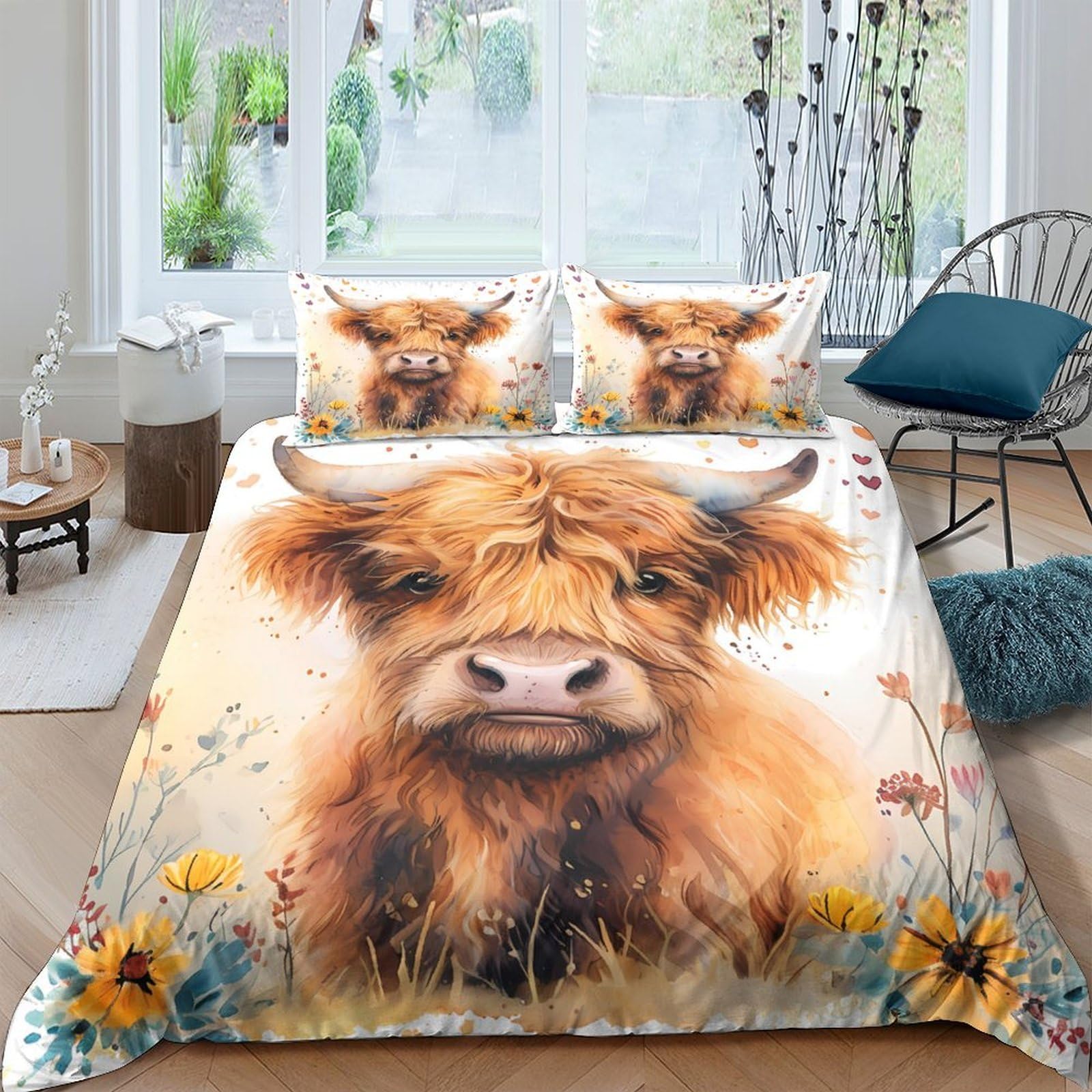 Ctjqhvkz Style-3 3D Printed Highland Cow Fitted Sheet Microfiber Floral Bed Cover For Bedroom Dorm Decor Mattress Protection Single（135X200cm）