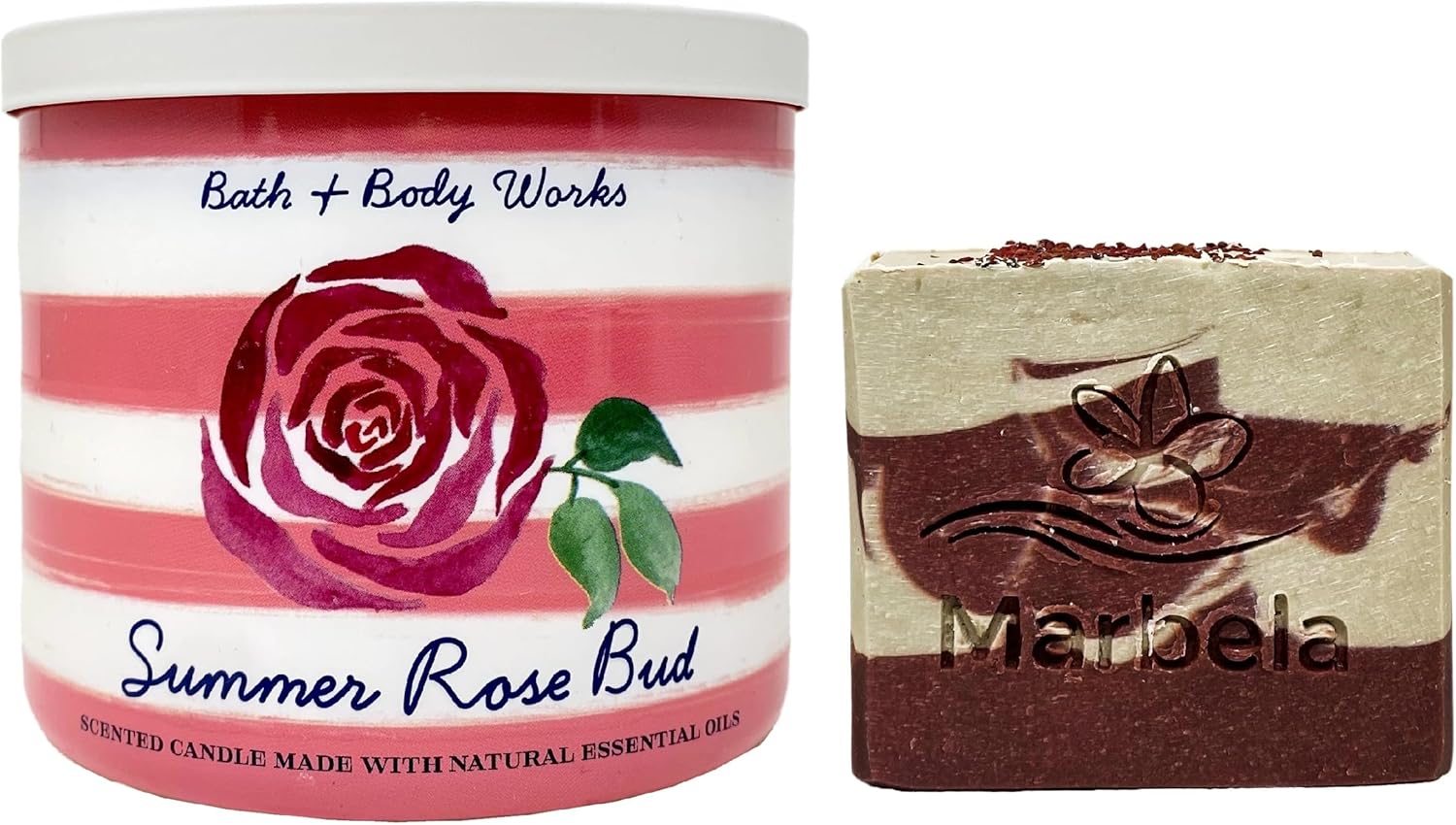 Bath & Body Works Summer Rose Bud 3-Wick Scented Candle with a Cherry On Top Bar Soap