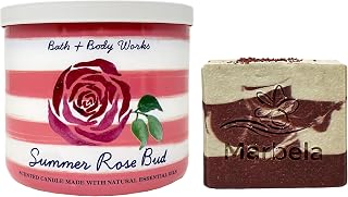 Bath & Body Works Summer Rose Bud 3-Wick Scented Candle with a Cherry On Top Bar Soap