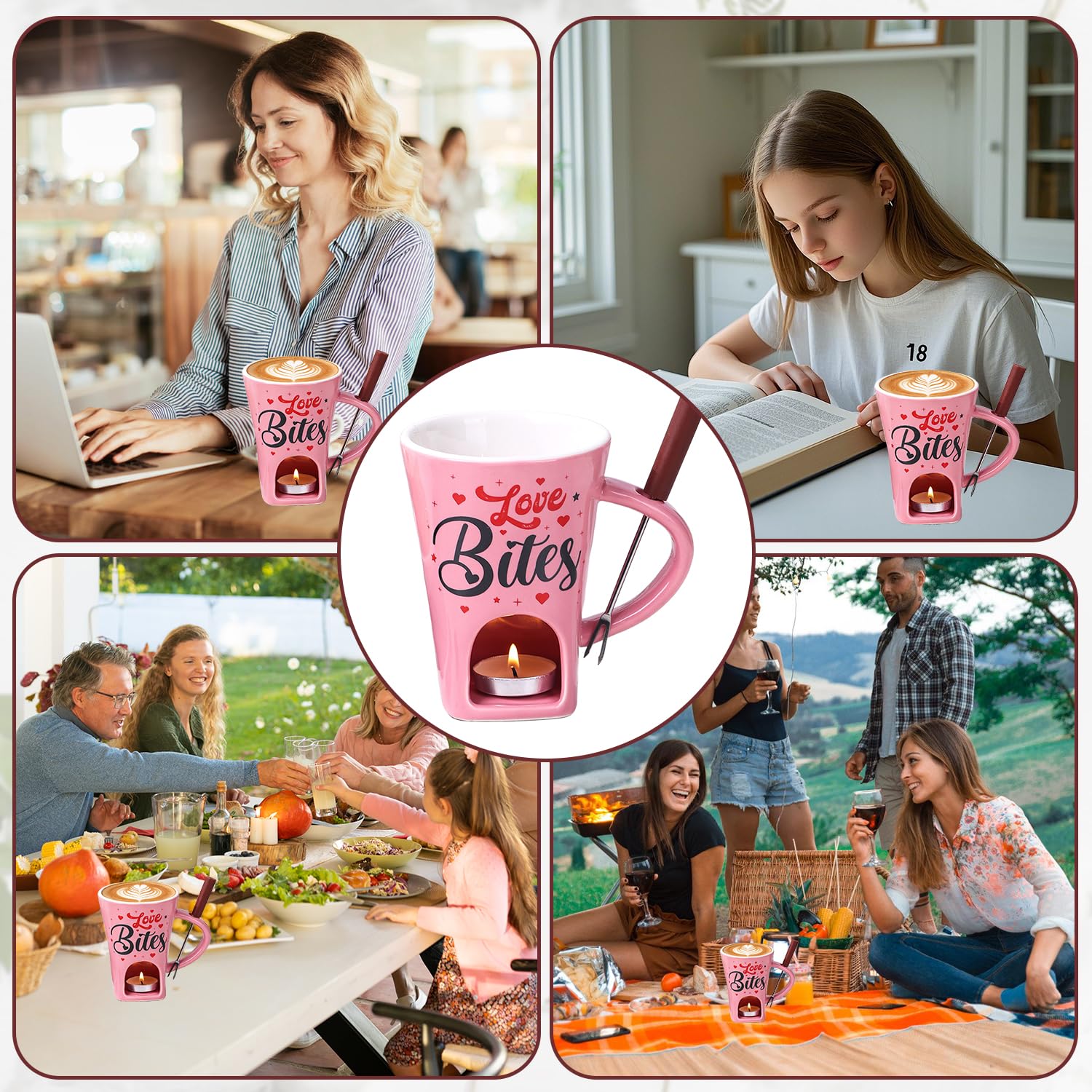 Cerámica para Fondue de Chocolate Taza, 200ML Juego de Fondue de Chocolate, Taza de Fondue de Chocolate de Cerámica con Tenedor y Vela de Té, Taza de Fusión de Queso para Citas Nocturnas Dulces Queso