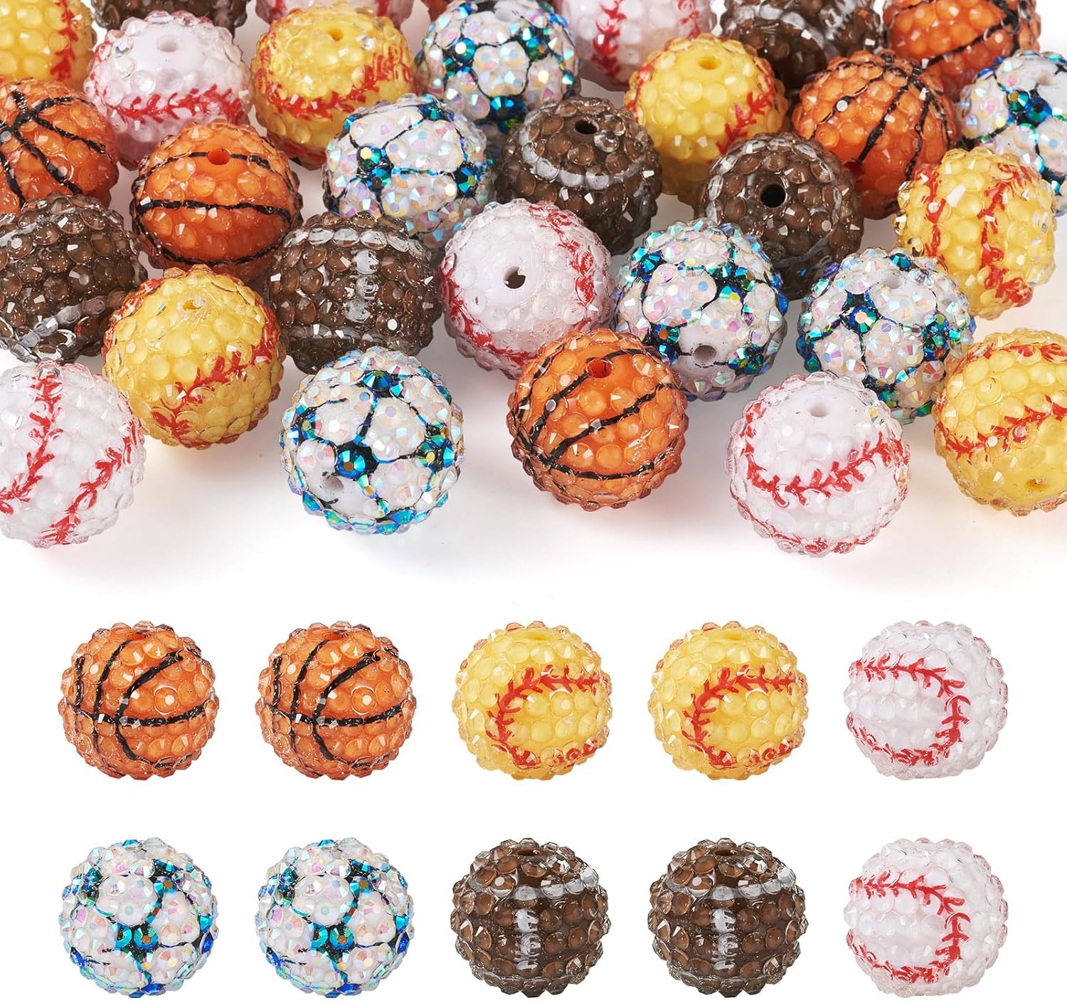 Pandahall 30Pcs Rhinestone Bead Crystal Pave Disco Ball Clay Bead 20mm Bubblegum Chunky Bead Sports Basketball Football Baseball Round Diamond Beads for Jewelry Making Necklace Bracelet