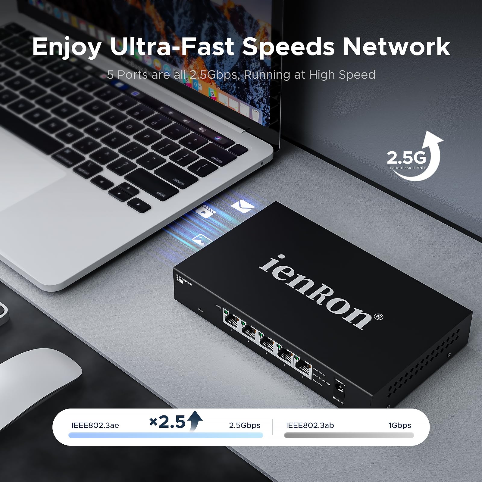 Switch Ethernet a 5 porte da 2,5 g, switch di rete multi-gigabit non gestito, switch da 2,5 GB per giochi, NAS, PC, laptop, Smart TV, Plug & Play, design senza ventole, splitter Ethernet (nero)