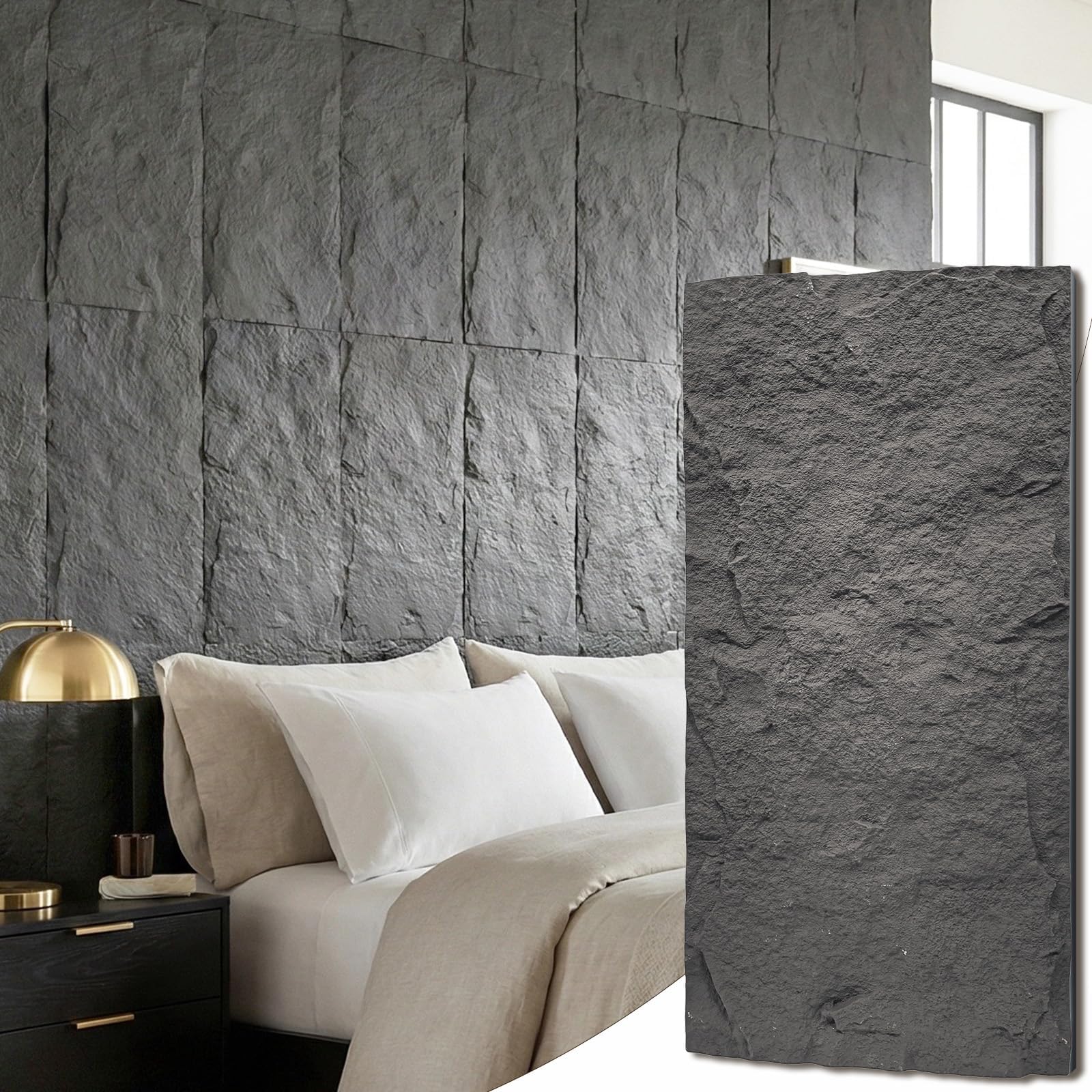 BEAUTYPEAK 3D Faux Stone Wall Panels, 4 PCS PU Wainscoting Panel, Black