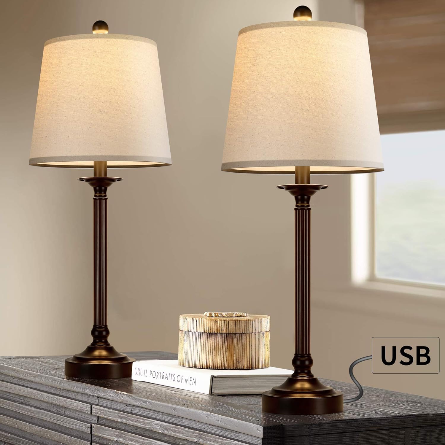 BOBOMOMO USB Modern 25'' Table Lamp Set of 2 for Living Room Bedroom Nightstand Bedside Desk Lamps Fabric Shade (Brown) - - 