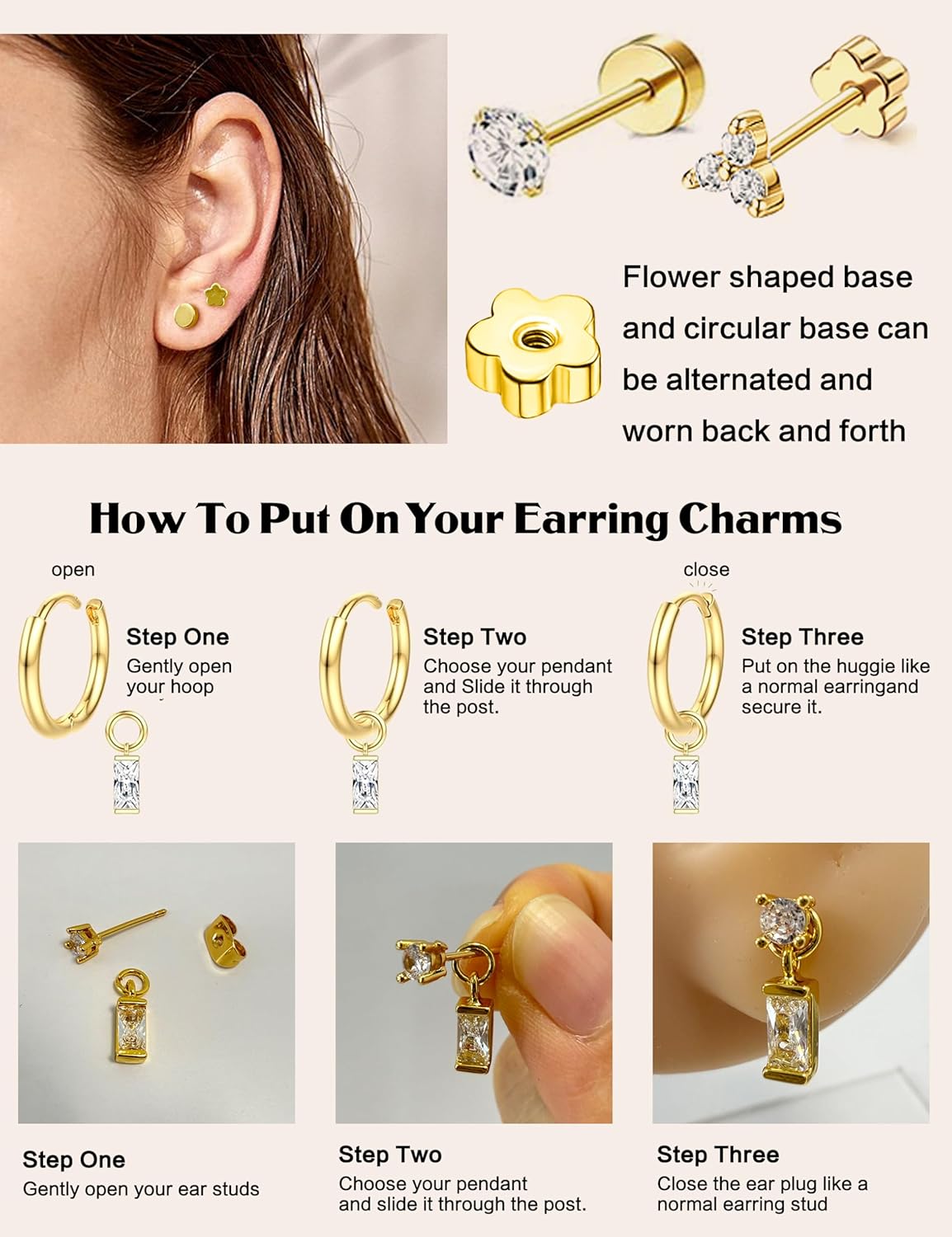 20pcs Hypoallergenic Flat Back Stud Earrings - 14K Gold Plated Surgical Stainless Steel Hoop Cartilage Earrings for Women with CZ Charm Earring Stacks Helix Conch Tragus Earring Sets for Multiple Piercing Jewelry - Image 4