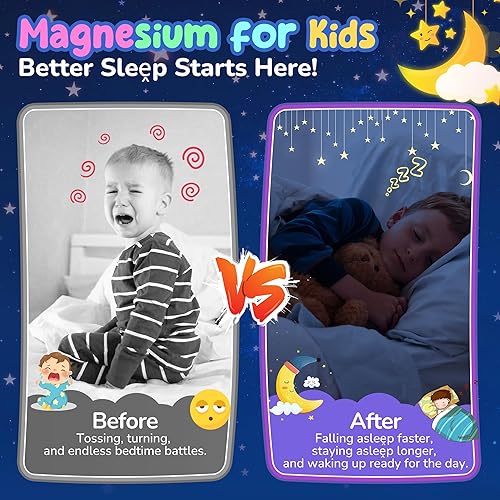 Miniatura 7 de Gomitas de magnesio para niños, sin melatonina, con glicinato de magnesio y malato, calcio, omega 3, L-teanina, multivitamínico para un sueño