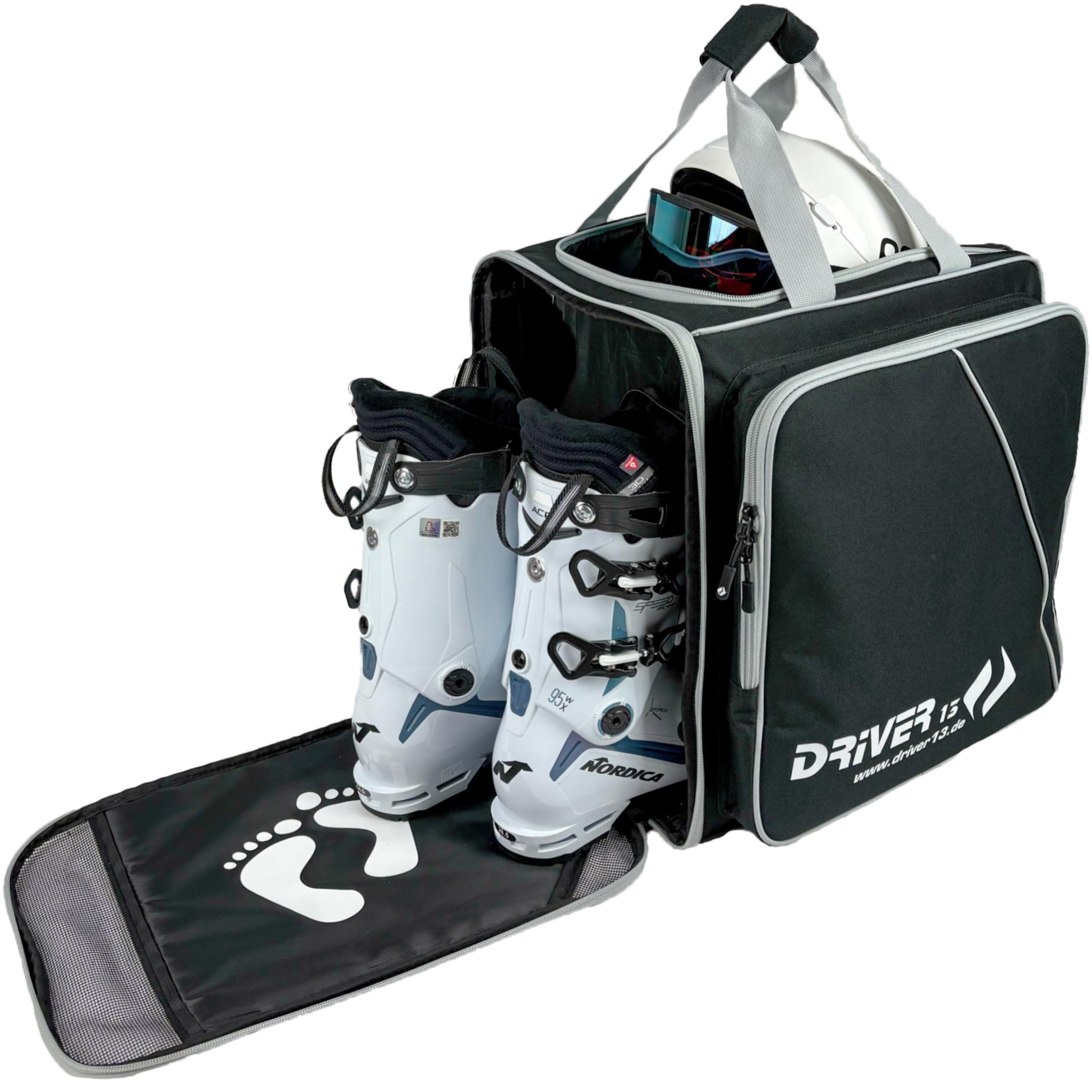 Driver13 Sac à Dos pour Chaussures de Ski avec Compartiment Casque, Sac bootbag pour Chaussures de Ski et Boots de Snowboard, Dimensions 40 x 28 x 44 cm, Noir/Gris