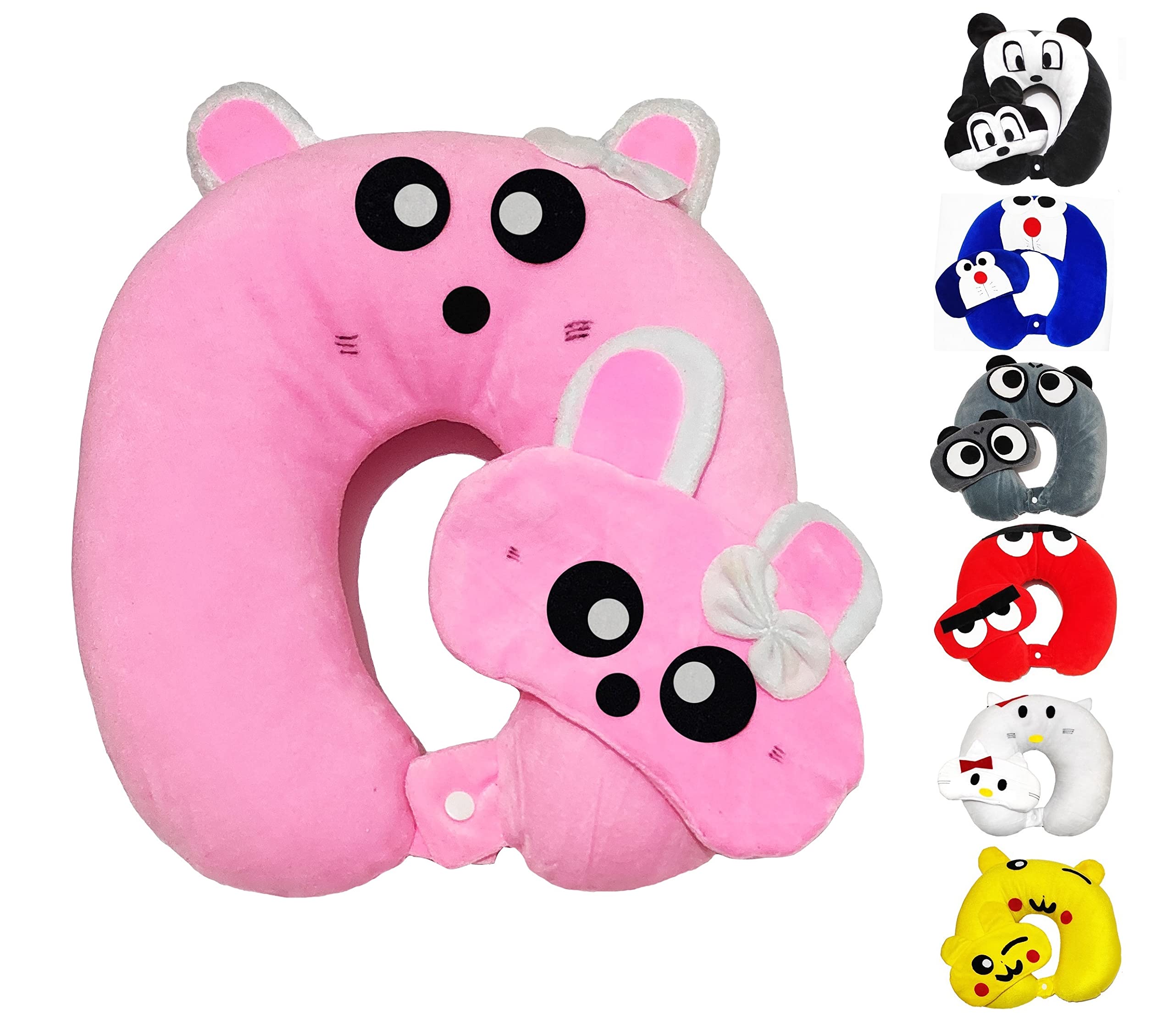 JUZZII Velvet Neck Pillow & Eye Mask - Combo Great for Long Road Trips and Flights, Ideal for Men & Women- Pink-Big Cartoon Neck Pillow M.No.4 & Mask No-27 (Combo)