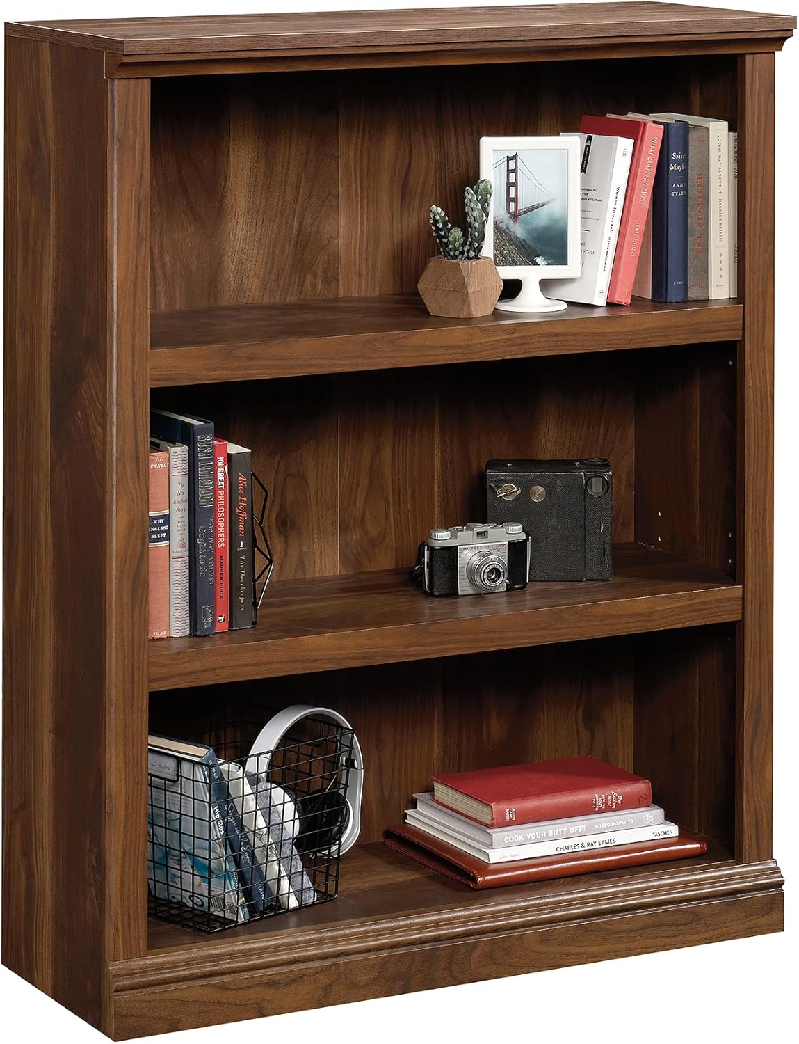 Sauder 3 Tier Book Shelf Wooden Bookcase Multipurpose Bookshelf for Home Office, Living Room, in Grand Walnut
