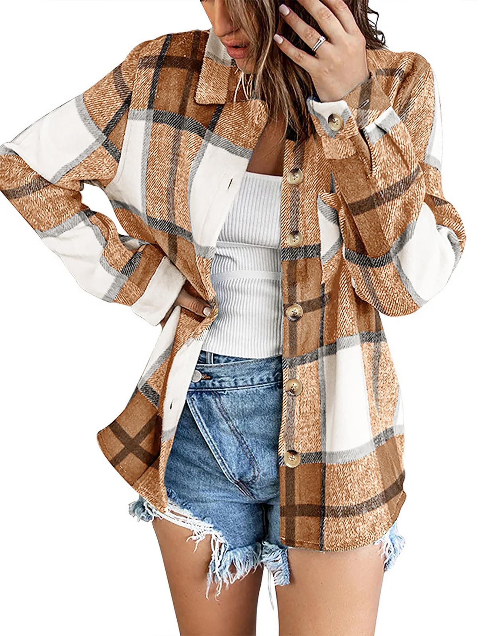 Zeagoo Hemdjack voor dames, geruite hemdblouse met lange mouwen, knoopsluiting, flanel, blouse met zak, casual blousejas, geruit, herfst, winter, shacket, westernhemd, S-XXL, grijs, M