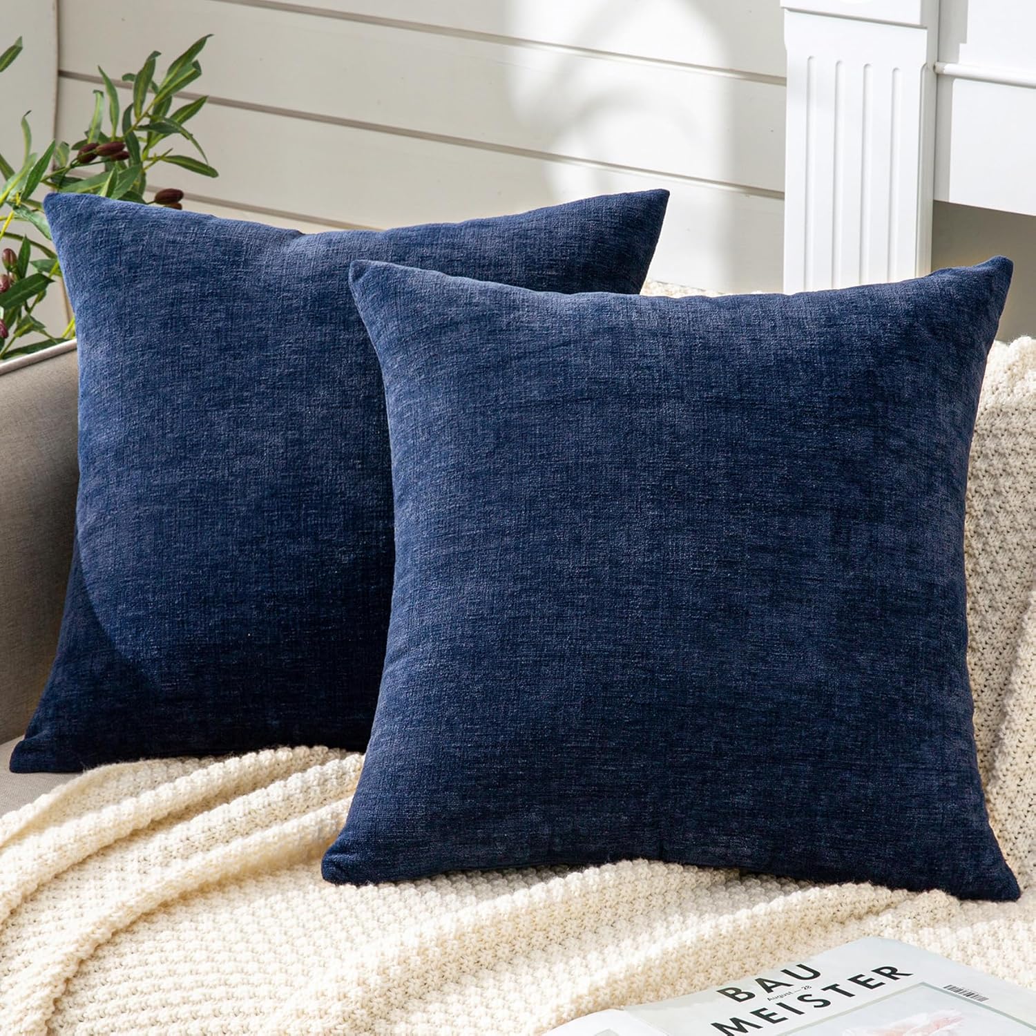 GAWAMAY Decorative Square Throw Pillow Covers 18"x18" Inch Set of 2, Super Soft Chenille Pillows Cover Fall Pillowcase for Living Room Bedroom Sofa Couch Cushion Cover Navy Blue 45x45cm (Only Covers) Navy Blue 18" x 18" (Pack of 2)