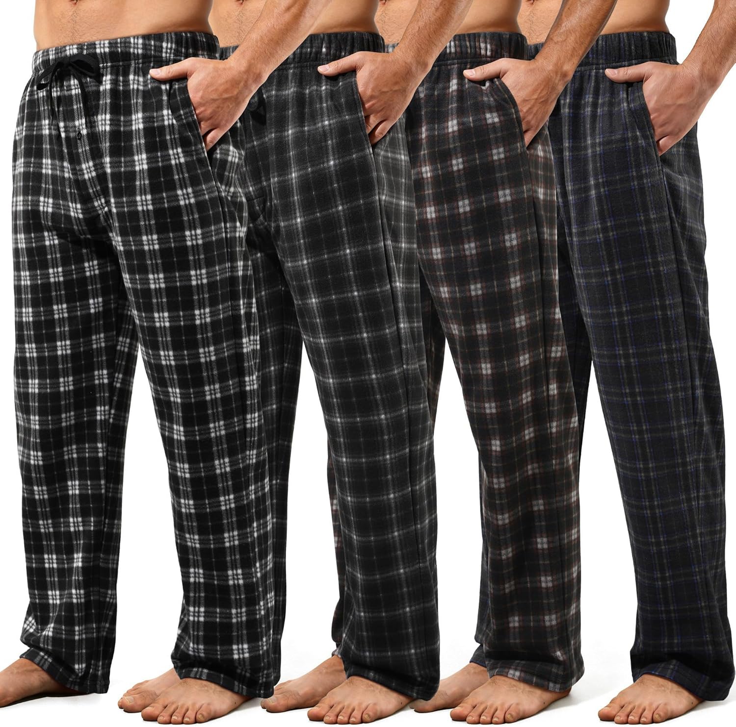 4 Pack Mens Pajama Pants Microfleece Plaid Pajama Bottoms Sleepwear PJ Sleep & Lounge Pants with Pockets & Drawstring
