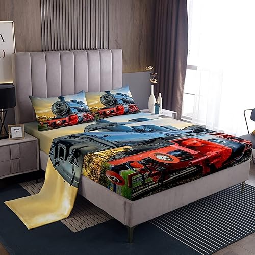 Sábanas de tren de vapor tamaño King  Sábanas de cama de motor de vapor, microfibra suave, bolsillo profundo, sábanas y fundas de almohada