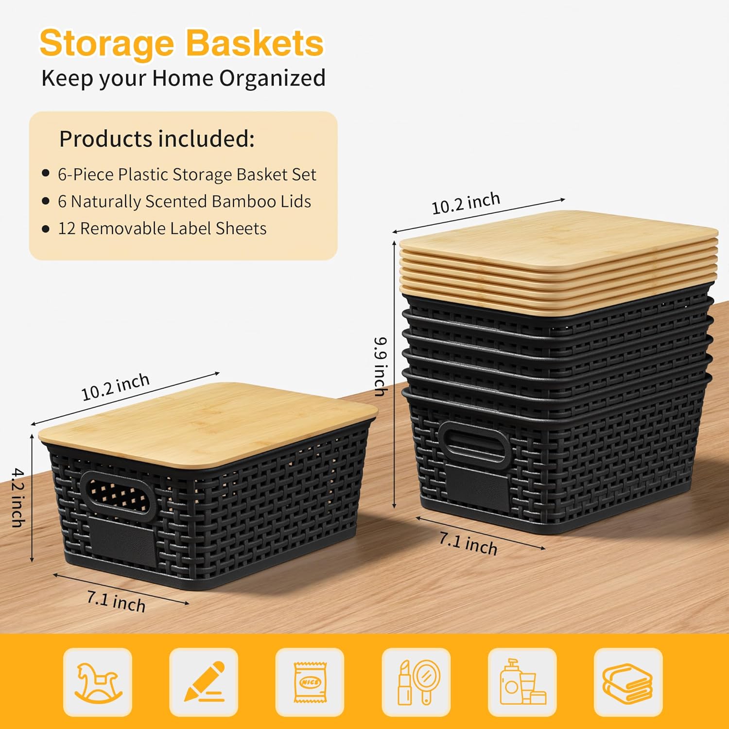 Plastic Storage Baskets with Bamboo Lids and Labels, Stackable Storage Containers, Storage Bins for Organizing Shelves Drawers Desktop Closets Office, 6 Packs-Black - Image 3