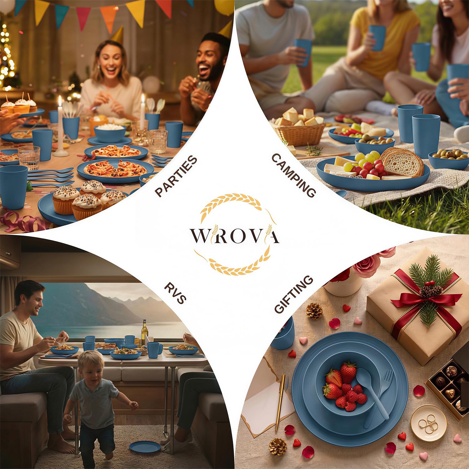 Wrova Servizio da tavola in plastica, 48 pezzi, servizio per 8 persone, infrangibili, set di posate, piatti, ciotole, tazze, forchette e cucchiai, adatto al microonde e alla lavastoviglie, per esterni
