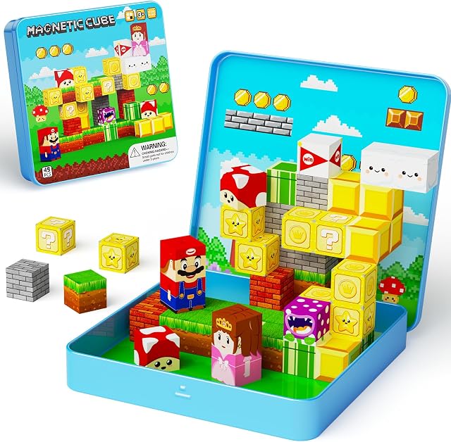 49PCS Tuiles magnétiques Jouets de voyage pour les enfants Ages 4-8, Blocs de construction magnétique Ensemble d'aventure avec boîte de rangement en fer portable & Jouez à la base, STEM Activités d'apprentissage pour les tout-petits 3-5
