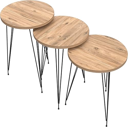Miniatura 56 de PAK HOME Juego de 3 mesas auxiliares anidables de mármol blanco, mesas auxiliares redondas de madera apilables con patas de metal para sala de