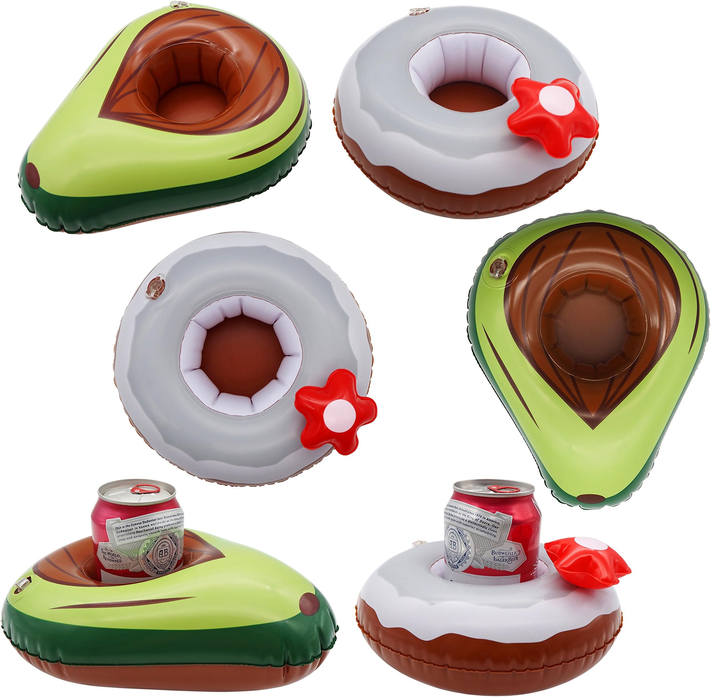 Cazul Goods Inflatable Pool Drink Holder Floats - 3 pieces Avocado and 3 pieces Coconut Design (Set of 6) with Bonus Vacay Stuff Zipper Pouch