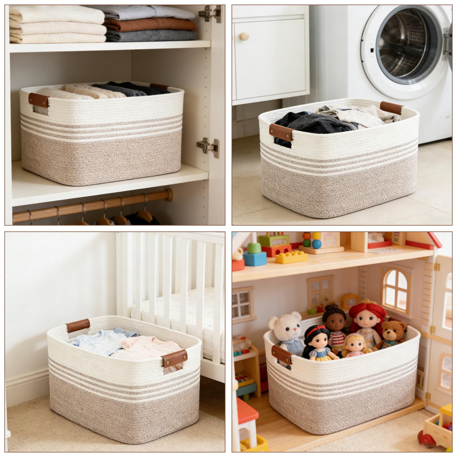 Cesto portabiancheria intrecciato piccolo in corda di cotone, 45 x 35 x 27 cm, con manici in pelle, cestino da 45 l, per cuscini, vestiti, peluche, biancheria/coperte (bianco e marrone)