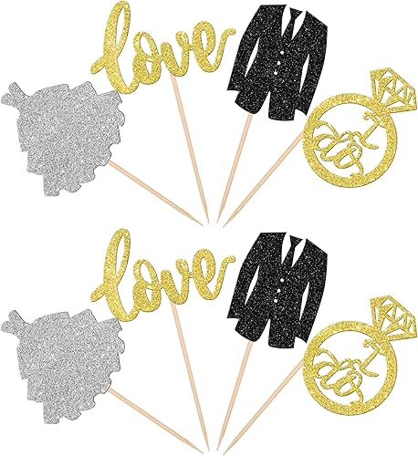 Miniatura 55 de 30 PCS He Asked She Said Yes Cupcake Toppers Love I Do Diamond Ring Cupcake Picks for Wedding Enaggement Bridal Shower Party Cake Decorations Black