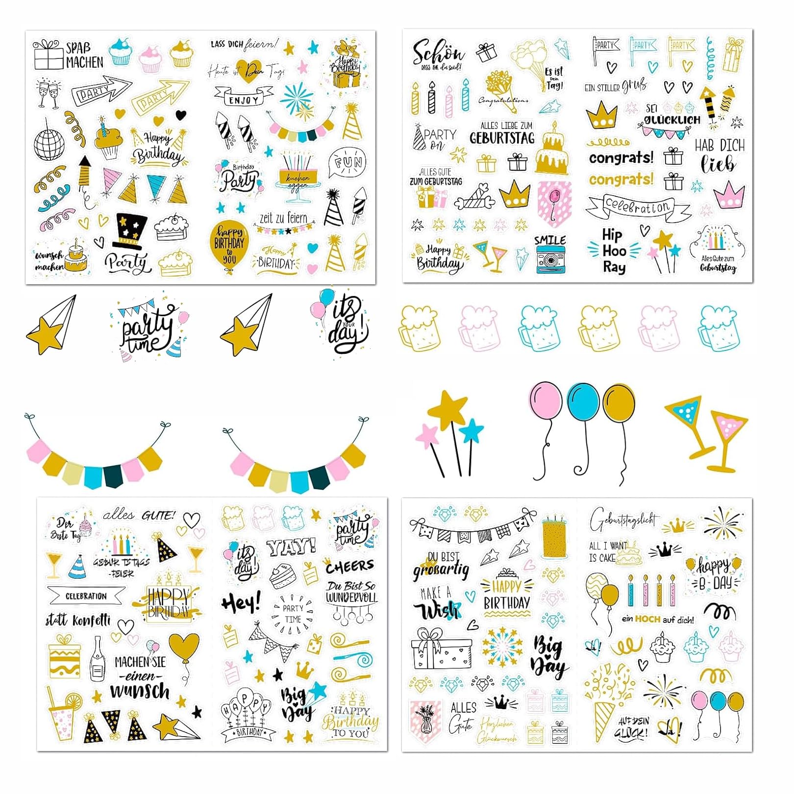 Geburtstagsaufkleber Set – 4 Bögen Mit 225 Motiven, Wasserfest, Für Alben, Karten & Party-Deko