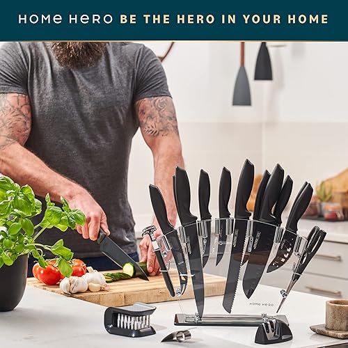 Miniatura 26 de Home Hero Juego de cuchillos de cocina con afilador, juego de bloques de cuchillos de acero inoxidable de alto carbono con asas ergonómicas