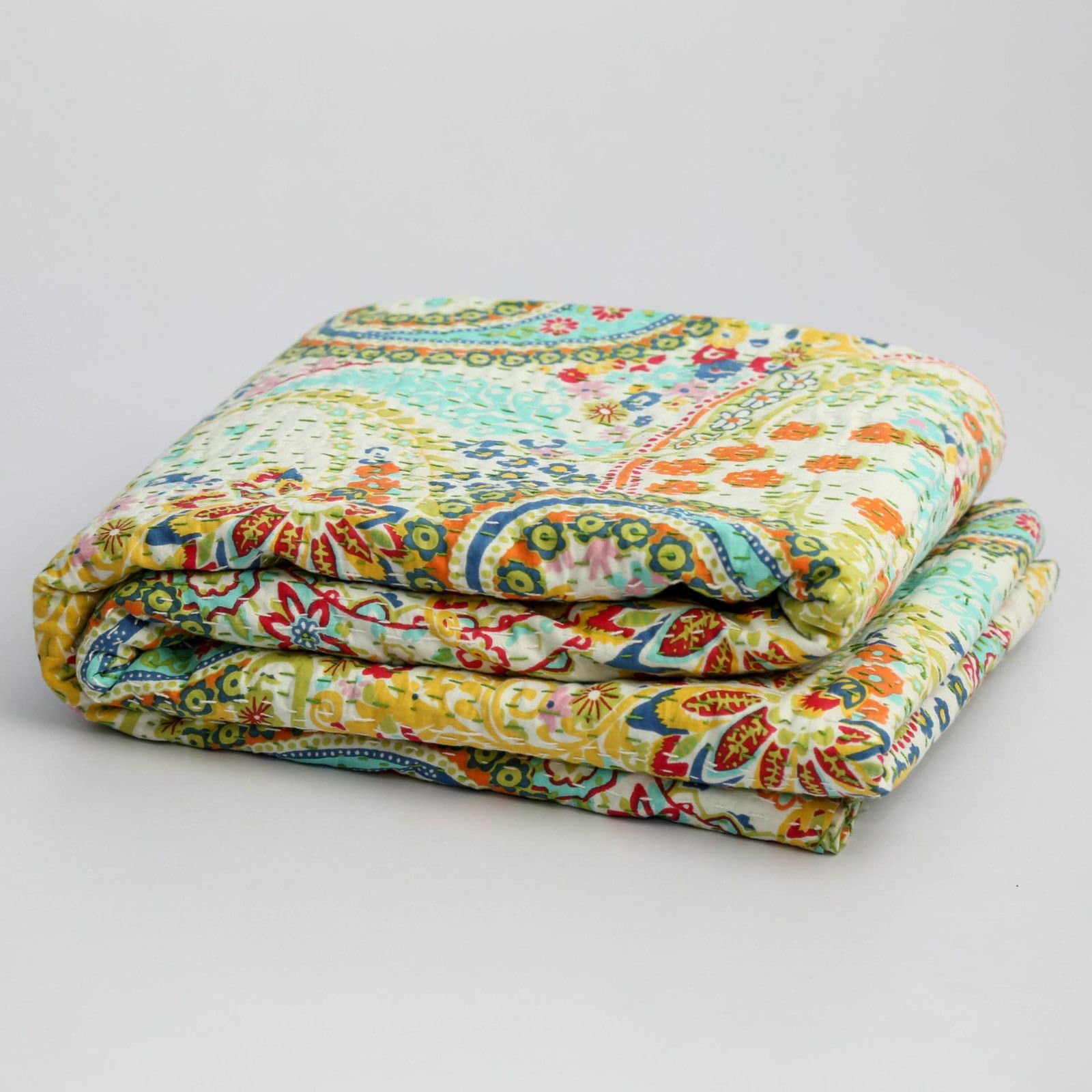 Indian Handmade Twin Cotton Kantha Quilt Throw Blanket Gudari Vintage Throw Bedspread (Floral)