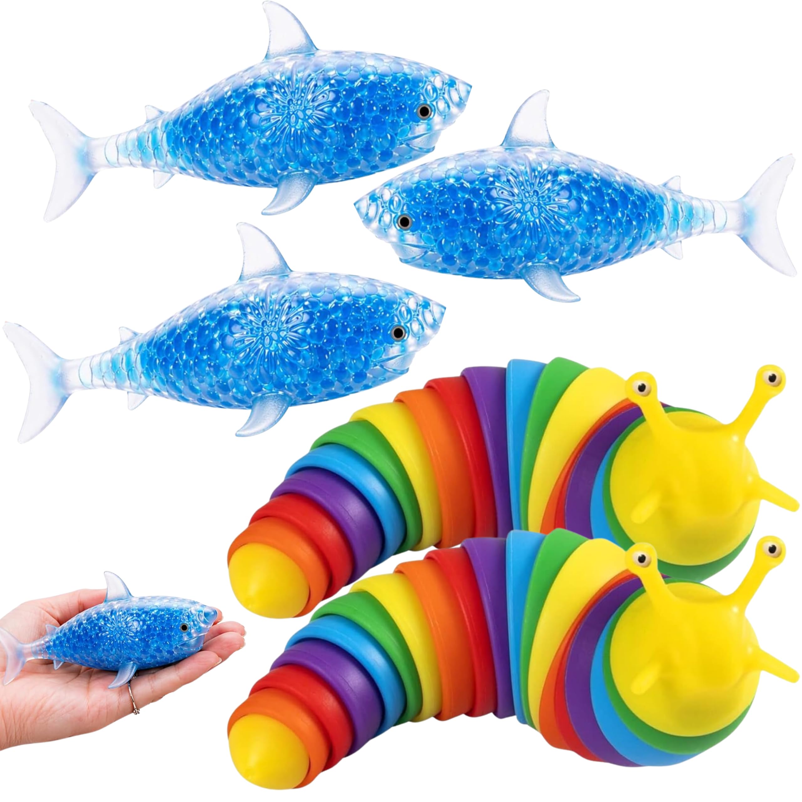 5Pcs Fidget Toy Bundle, 2x Rainbow Slug Toys & 3x Shark Stress Balls, Sensory Toys for Kids & Adults, ADHD Autism Relief, Stretchy & Clicking Fidgets for Travel, School & Desk Play