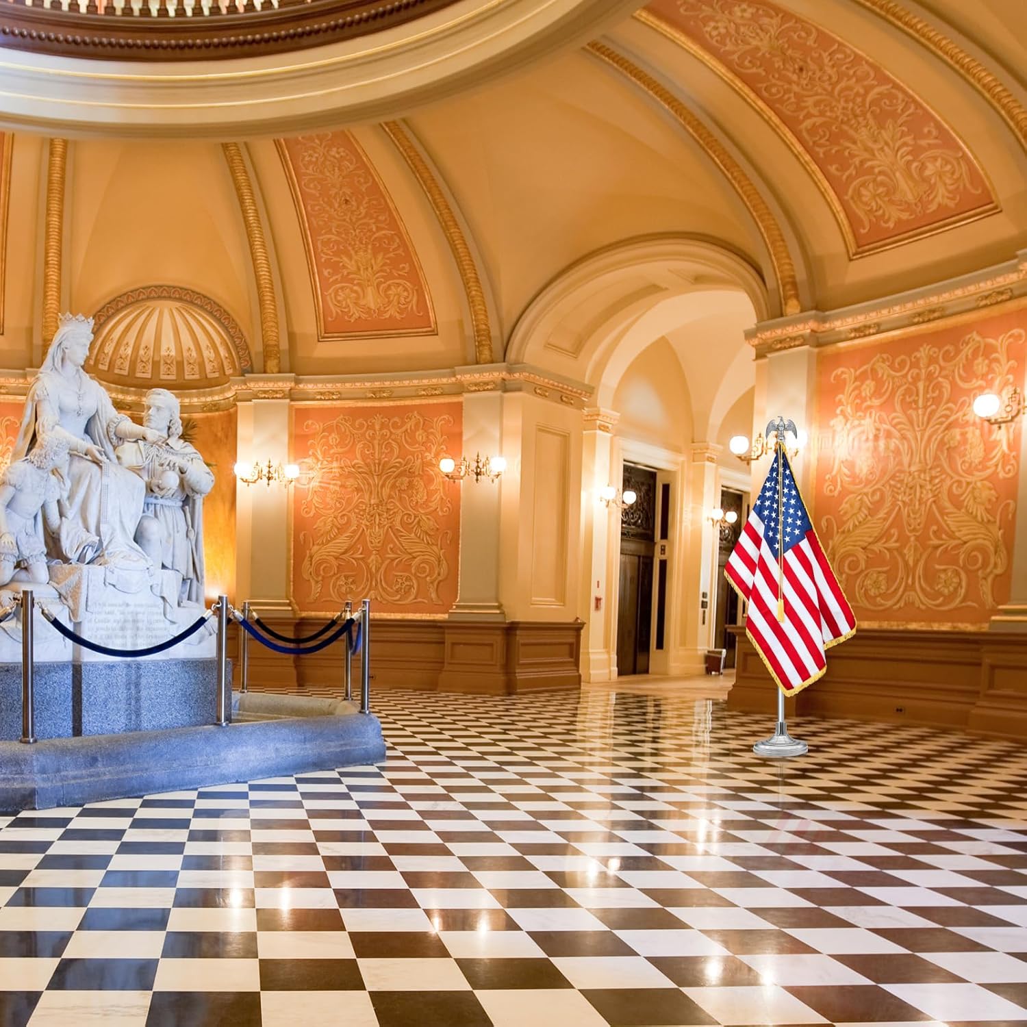 NQ 8FT Indoor Flag Pole and Stand Set, Stainless Steel Flagpole Kit with Embroidered US Flag, Aluminium Eagle Topper, Flag Spreader for Office, Meeting Room, Lobby, Auditorium, School (Silver)