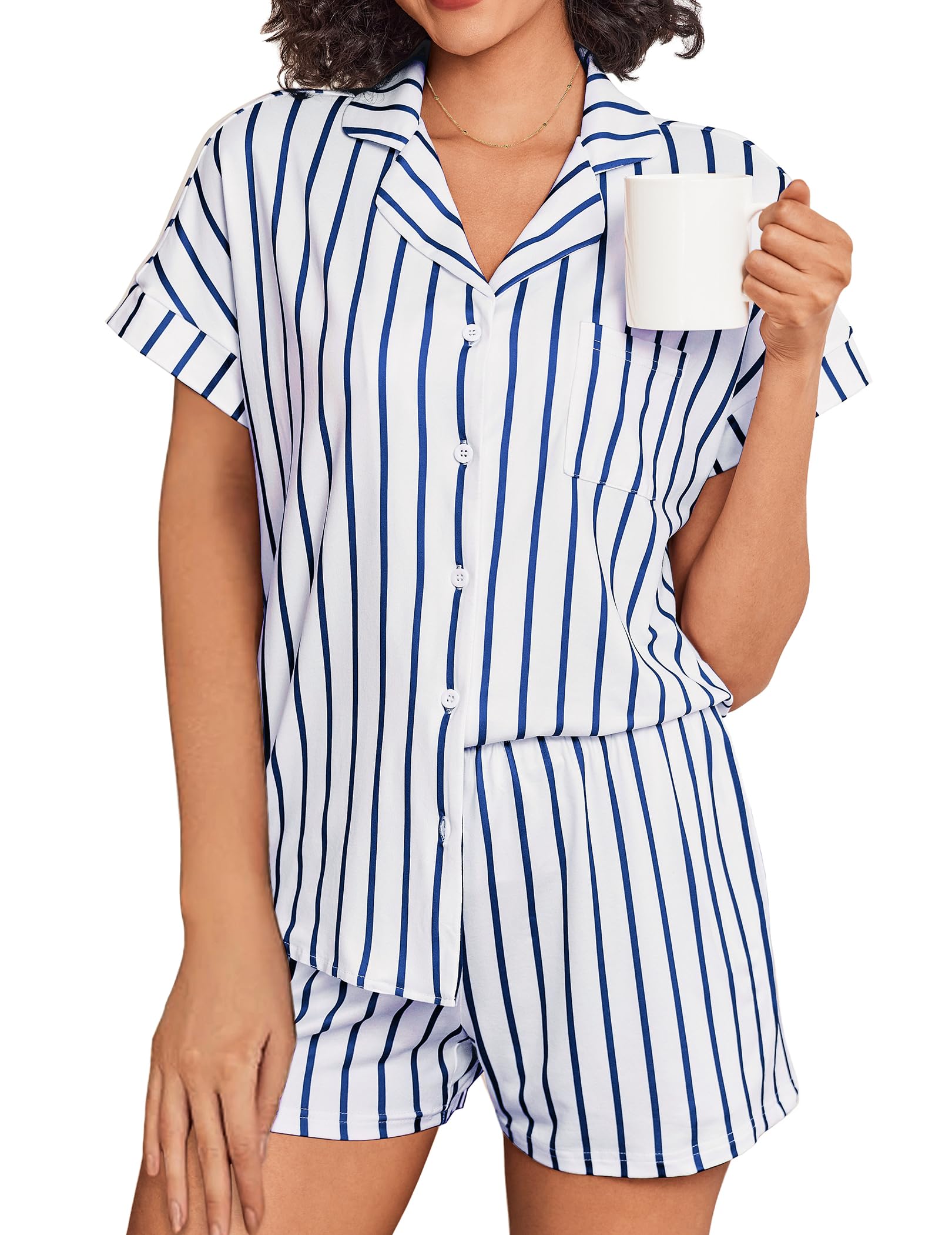 Ekouaer Womens Button Down Pajamas Set 2 Piece Sleepwear Short Sleeve Pjs Soft Stripe Lounge Sets