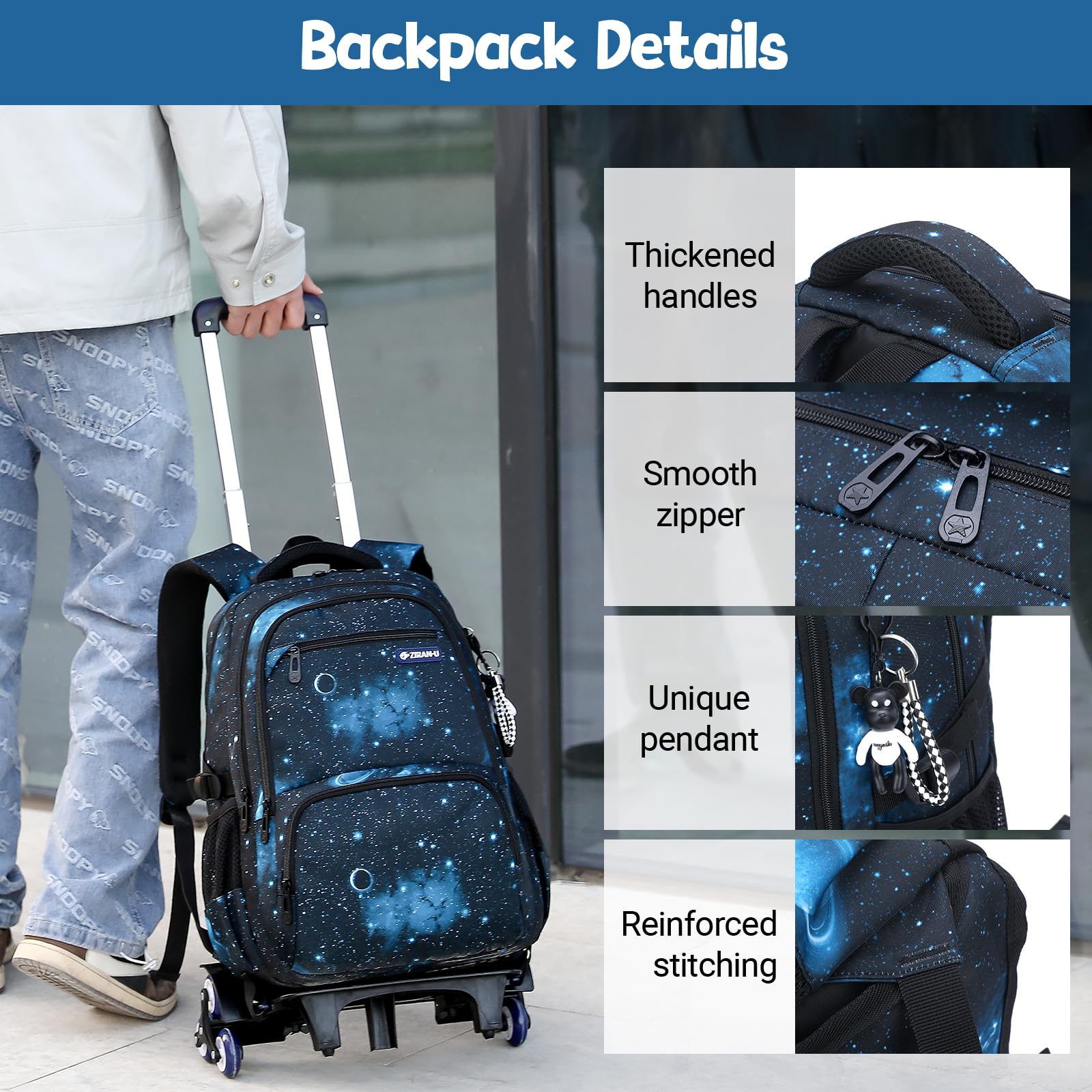 Amythe Mochilas Escolares para Niños Adolescentes 3 Pcs Mochila con Ruedas Grande, Carro para Mochilas 6 Ruedas para Viajes y Escuela, Sets de Mochila Trolley, 32x19x48cm, Azul
