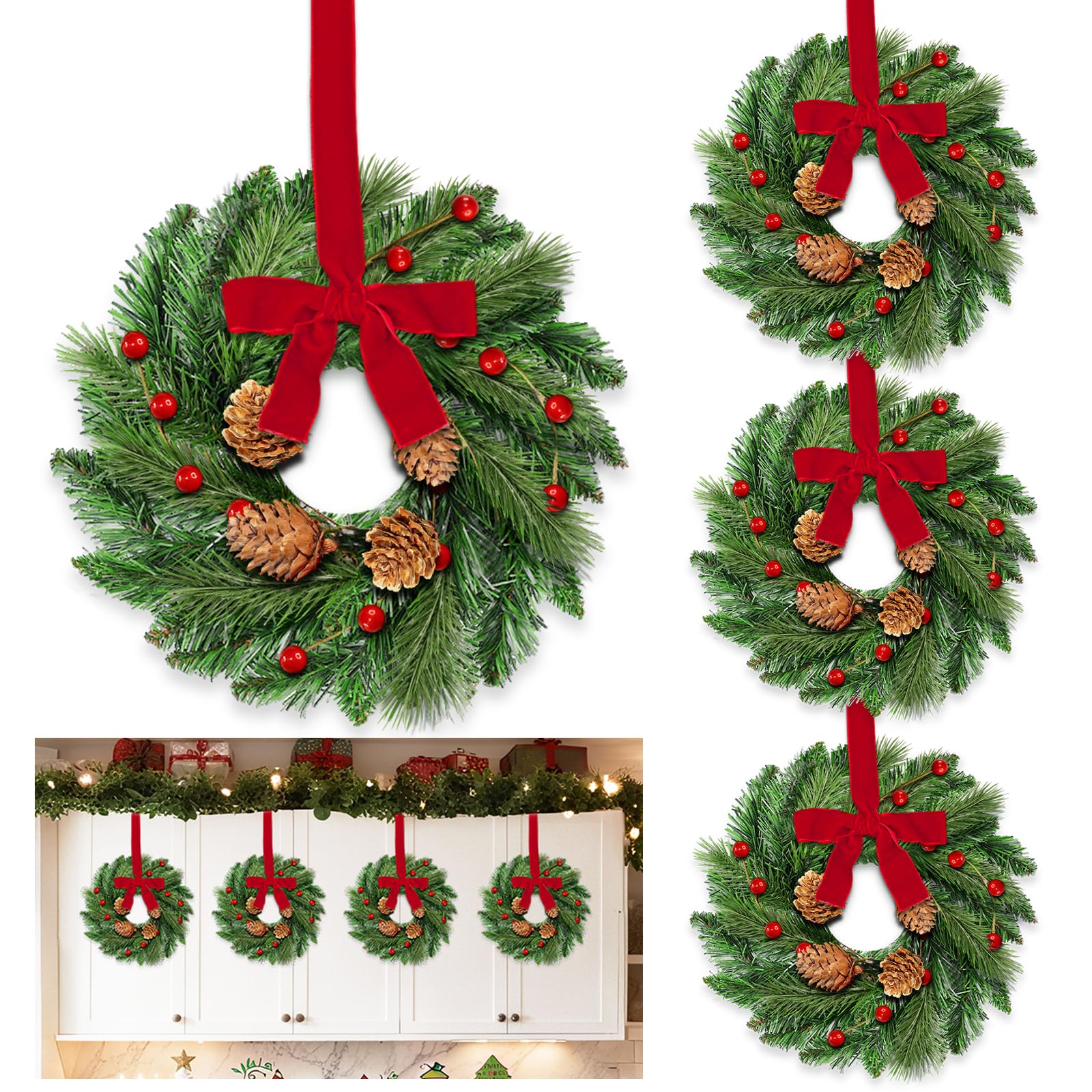 4 Pcs Mini Christmas Wreaths, Small Christmas Wreaths for Cabinets Kitchen