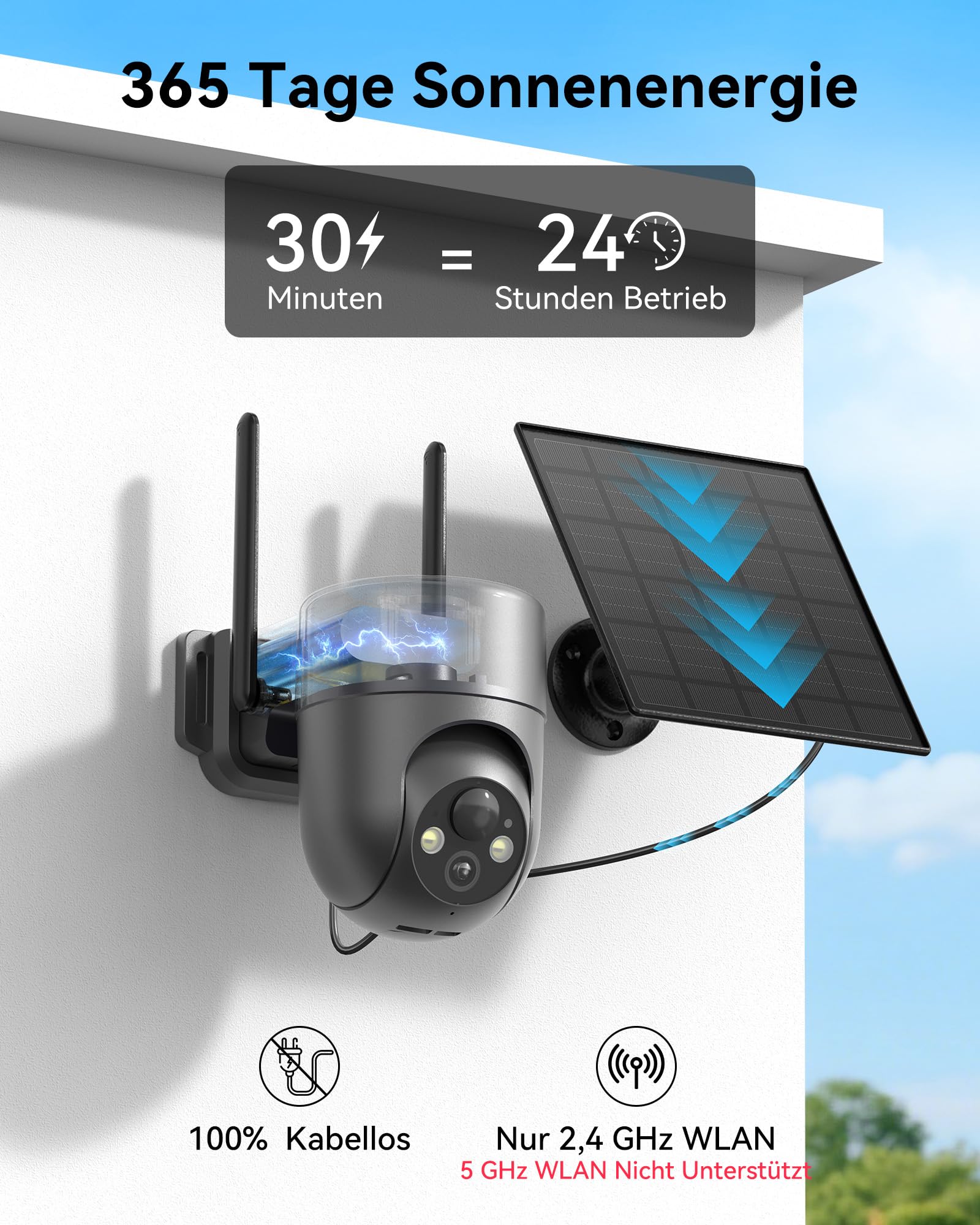 Überwachungskamera Aussen Solar WLAN, Kamera Überwachung Aussen Akku | 2K Kamera mit PIR-Erkennung, 360° PTZ, 2-Wege-Audio, Farbige Nachtsicht, IP66 Wasserdicht, 2,4 GHz WLAN
