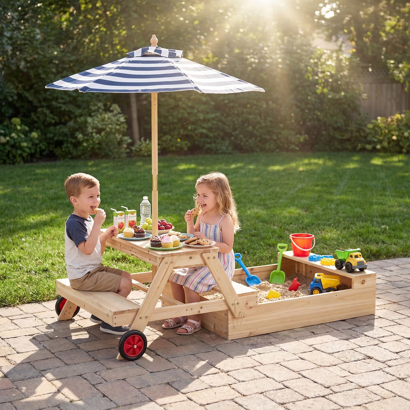 COSTWAY 3 in 1 Sabbiera in Legno, Tavolo da Picnic per Bambini Trasformabile con Panche, Ombrellone Rimovibile e Ruote, Set da Gioco per Bambini 3-5 Anni, per Esterno e Giardino