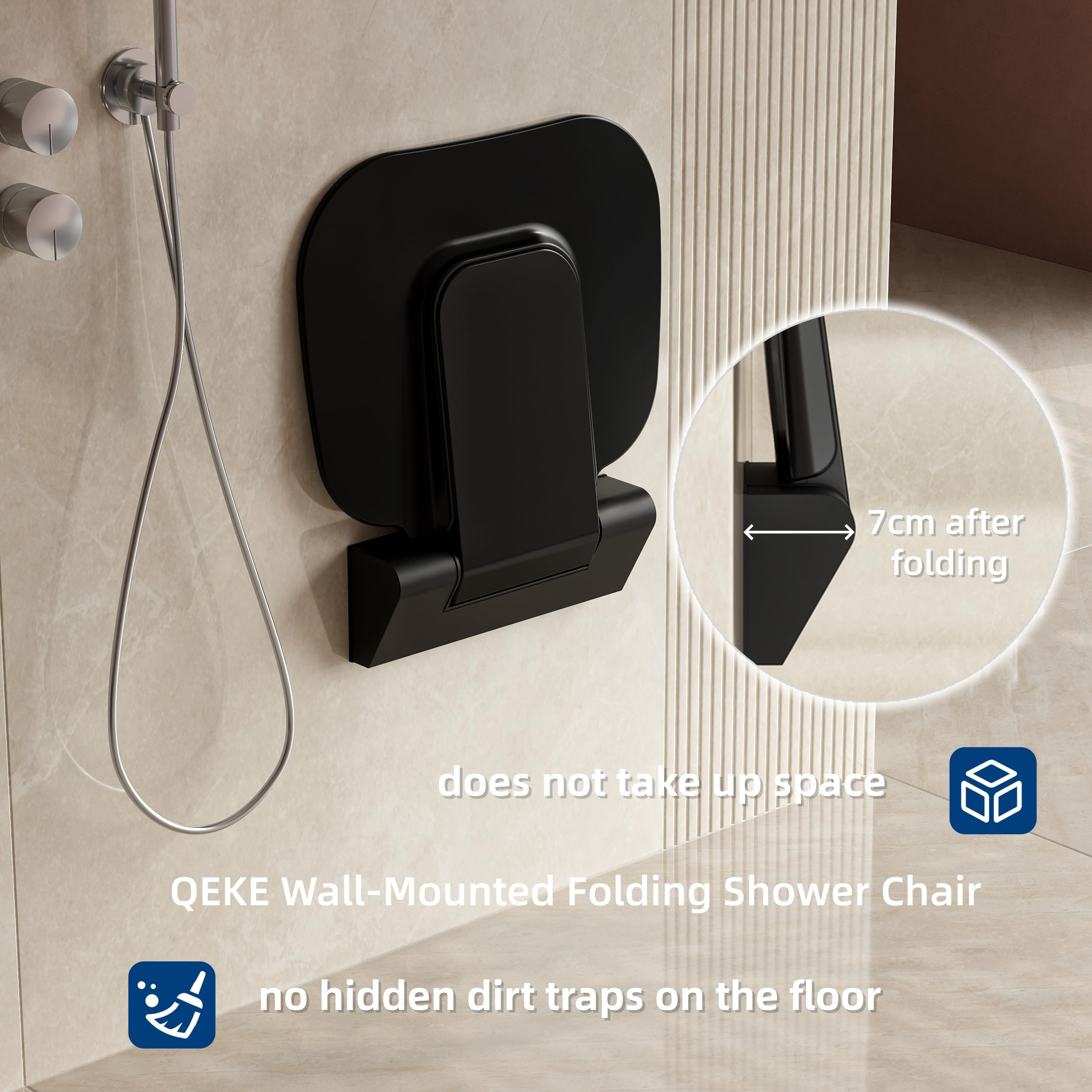 QEKE Asiento de ducha plegable en la pared, taburete de ducha plegable para montaje en pared, silla para baño, 200 kg, color negro