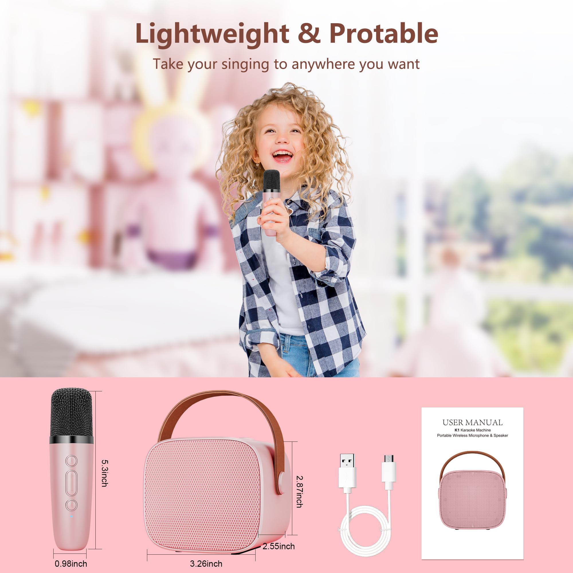 BONAOK Microfono Karaoke, Giocattolo per Karaoke, Bluetooth, per Bambini, Adulti, Lettore Karaoke Portatile, Microfono per la Ricarica, Giocattolo Elettronico per Bambini(pink)