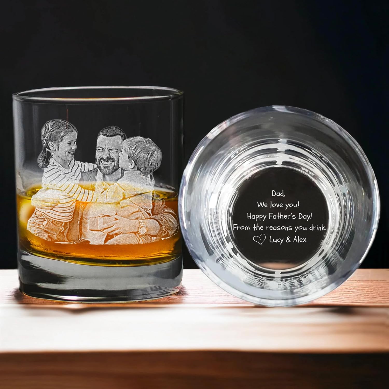 Personalized Whiskey Glass with Photo & Handwriting - Custom Laser Engraved Old Fashioned Rocks Glass, Made in USA - Dad Gift