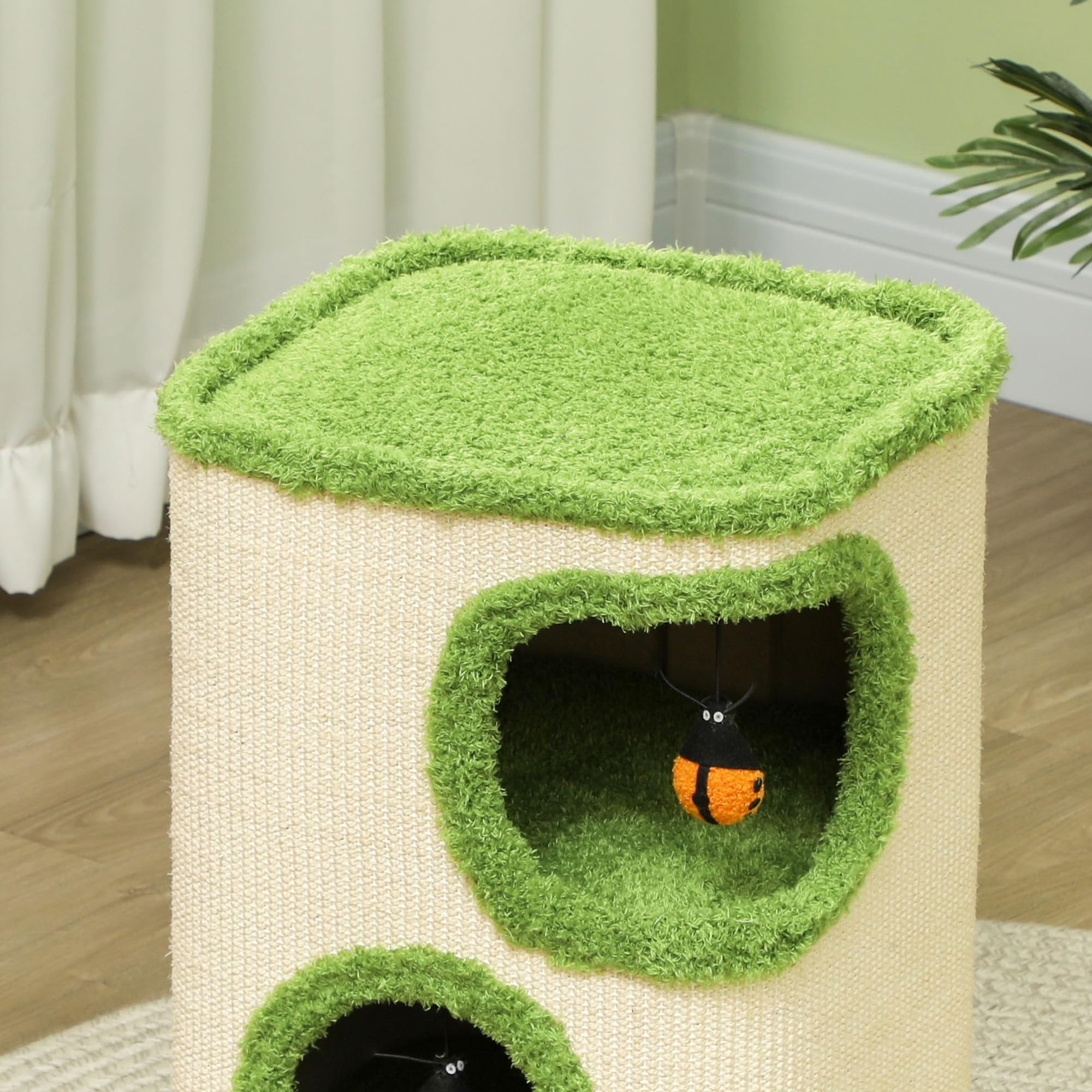 PawHut Kratztonne, 52 cm hoch Katzentonne mit 2 Höhle, Kratzbaum mit Marienkäfer-Spielzeug, Katzenturm aus Sisal, Katzenhöhle Katzenhütte für Katze bis 5 kg, Grün+Cremeweiß