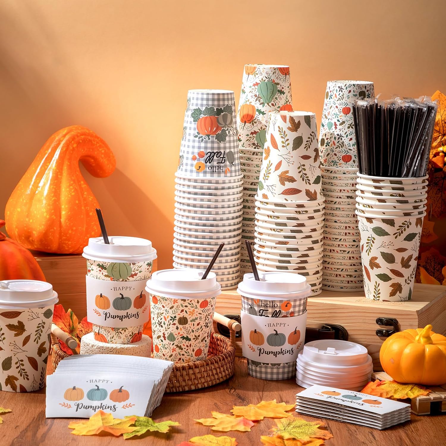 Lallisa 100 Sets Fall Thanksgiving Coffee Cup Bulk with Lid Disposable 12 oz Fall Hot Cups Paper and Sleeves Straws, Autumn Drinking Supplies for Holiday Party(Pumpkin Style)