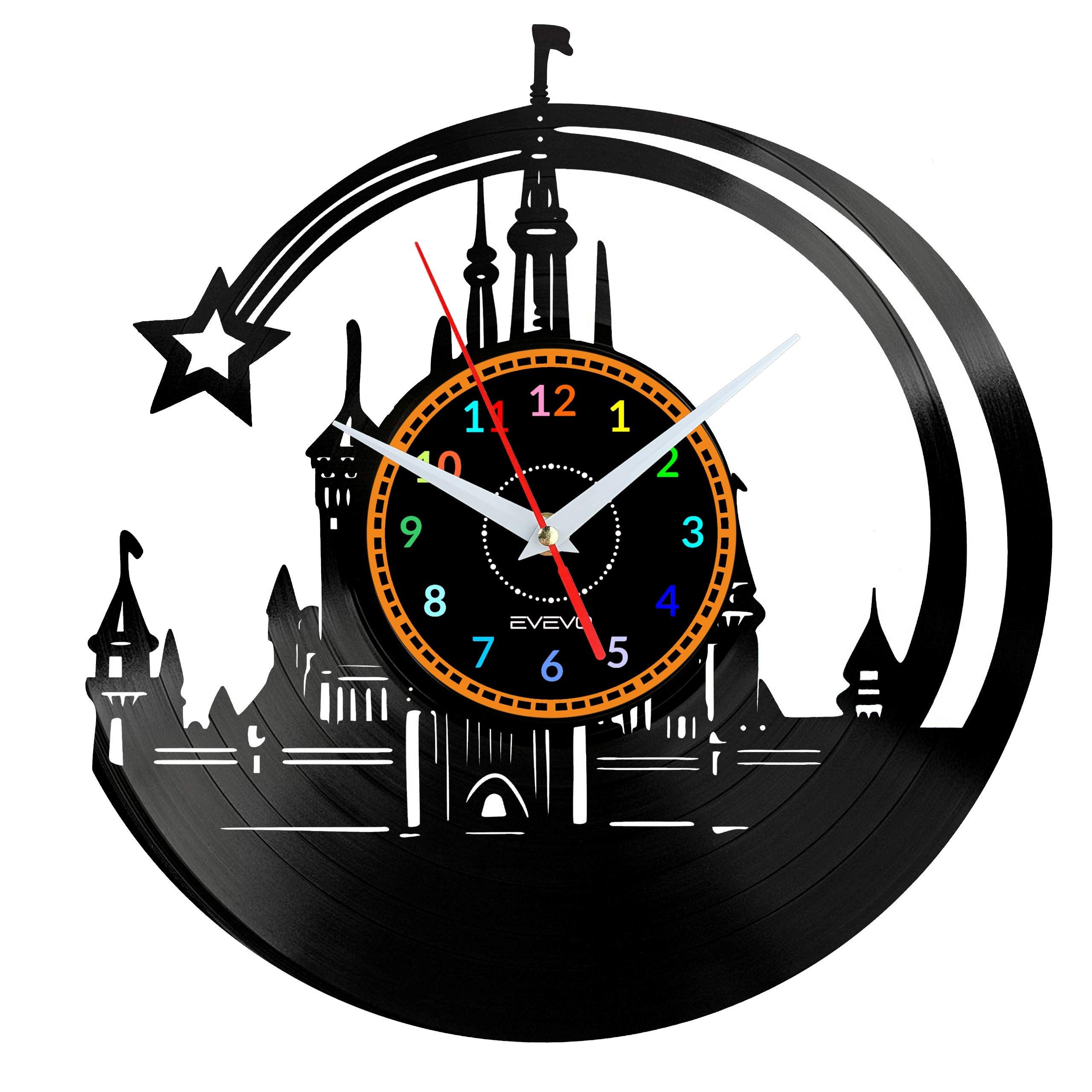 Cadeau souvenir horloge murale disque vinyle château magique et souris Evevo