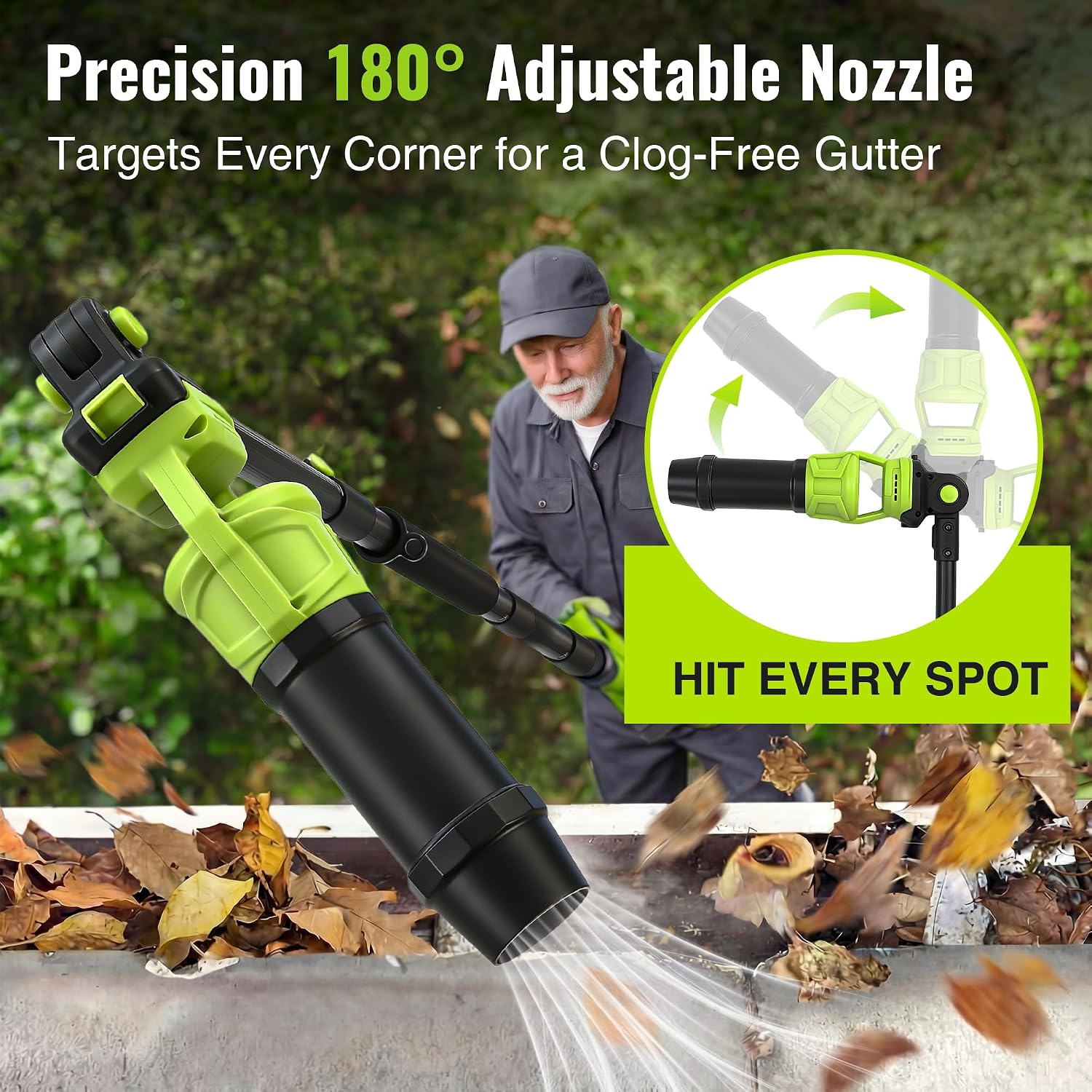 Roof Gutter Cleaning from The Ground, Leaf Blowers Cordless with 2 Batteries,520CFM/150MPH Gutters Cleaning Tool with Adjustable Pole 93in, 21V Gutter Cleaner with Charger & Adjustable Shoulder Strap