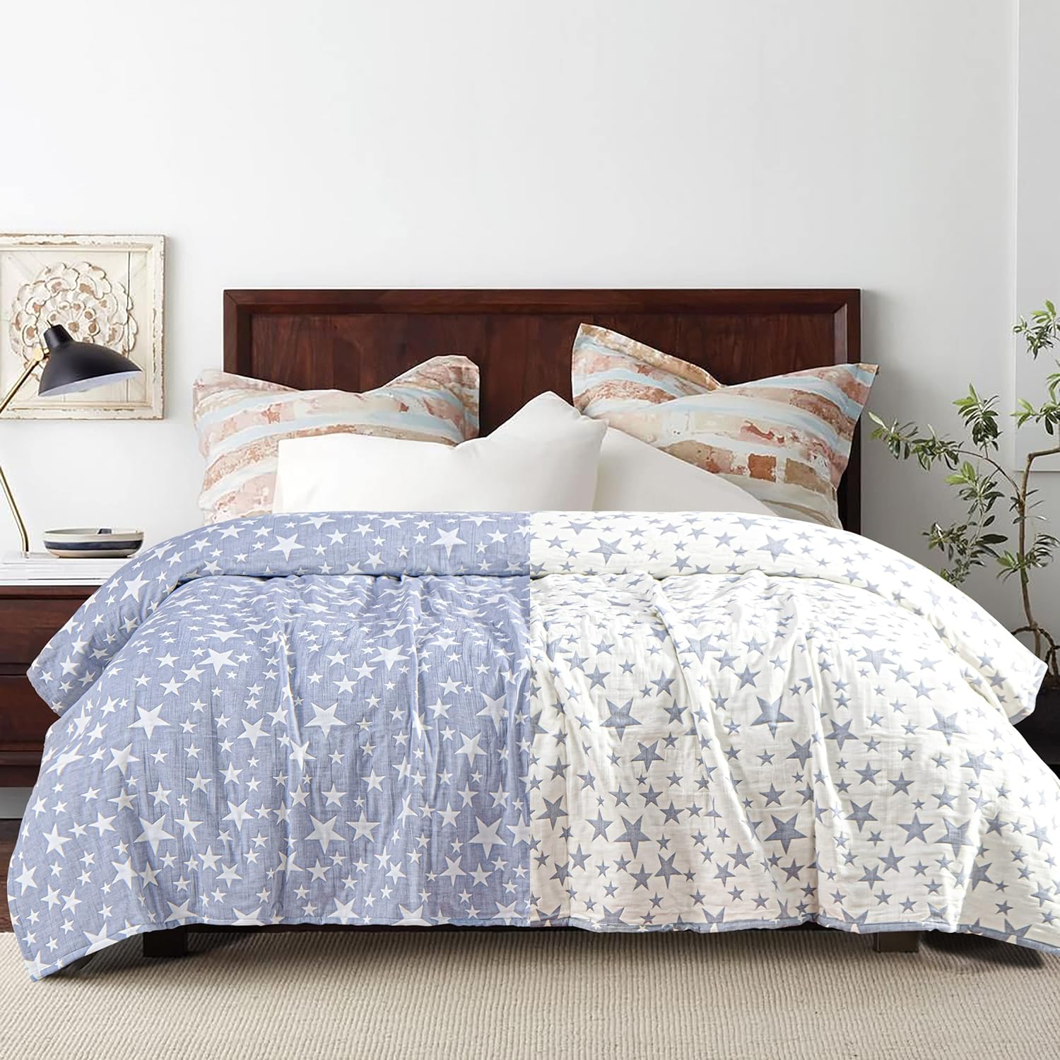 NTBAY 3 Layers Cotton Muslin 68x92 Twin Bed Blanket, Super Soft Breathable Thermal Yarn Dyed Quilt for Adults, Perfect Lightweight Blanket for Couch Sofa Bed All Seasons, Blue Stars - Image 4