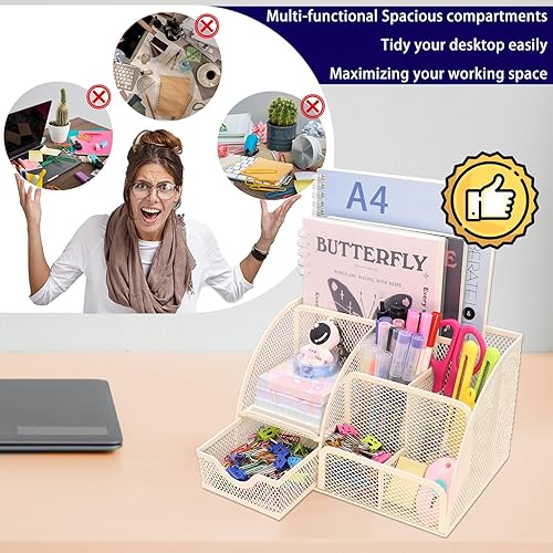Miniatura 5 de Boutilon Organizador de escritorio de malla, suministros de oficina, organizador estacionario con 6 compartimentos y 1 cajón, soporte multifuncional