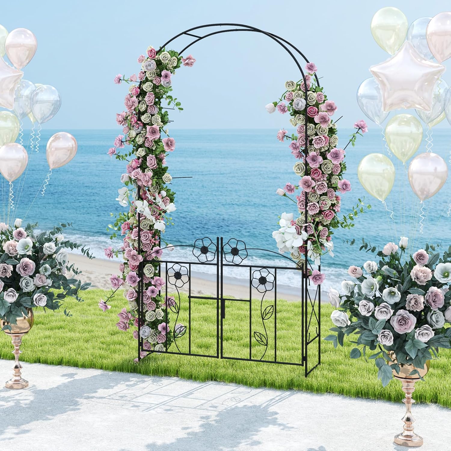 Giantex Garden Arbor with Gate, 7.5FT Metal Arch Trellis for Climbing Plants Rose Ivy, Archway Pergola with Flower Door, 4 Stakes, Garden Arch for Wedding Ceremony Bridal Party Decoration
