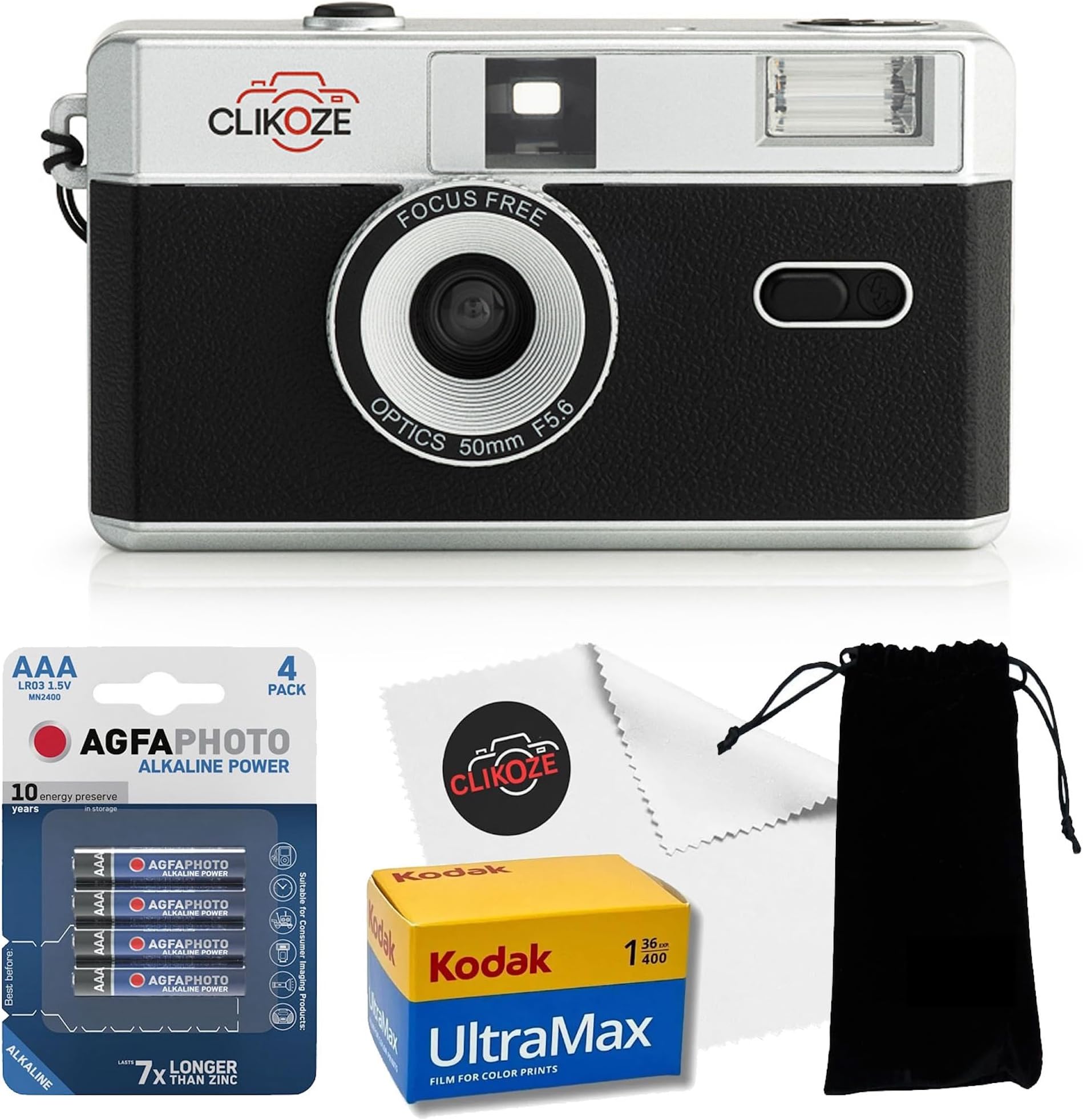 35mm Half Frame Film Camera Starter Bundle with 36 Exp Kodak Ultramax Film, Carrying Case, 4 x AAA Batteries and Lens Cloth - Black