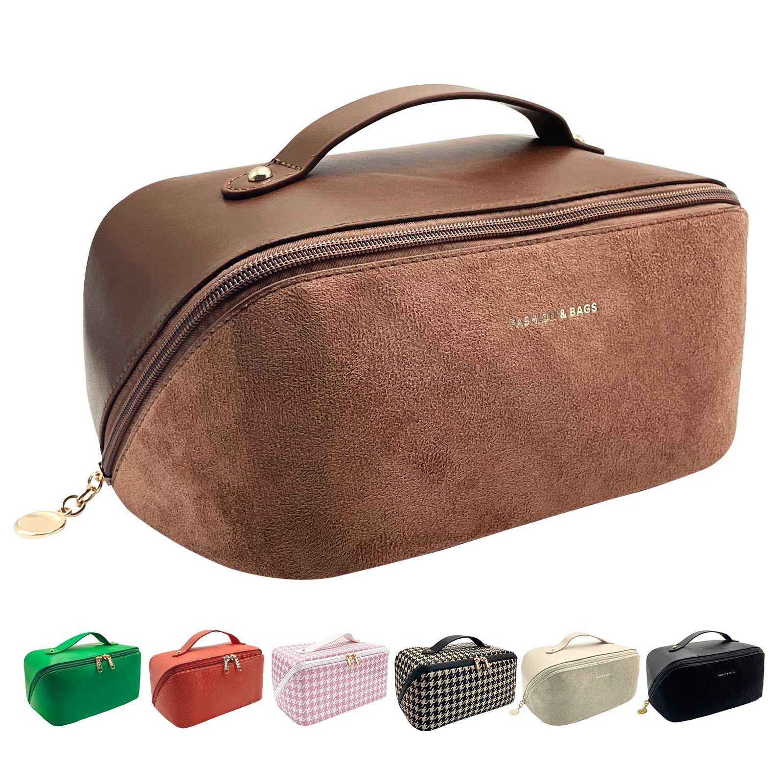 MOGEWOE Makeup Bag Travel Cosmetic Bags for Women Leather Waterproof Makeup Organizer Large Portable Toiletry Bag Opens Flat Ziper Cosmetic Bag Travel Toiletry Bag Leather and Suede Stitching