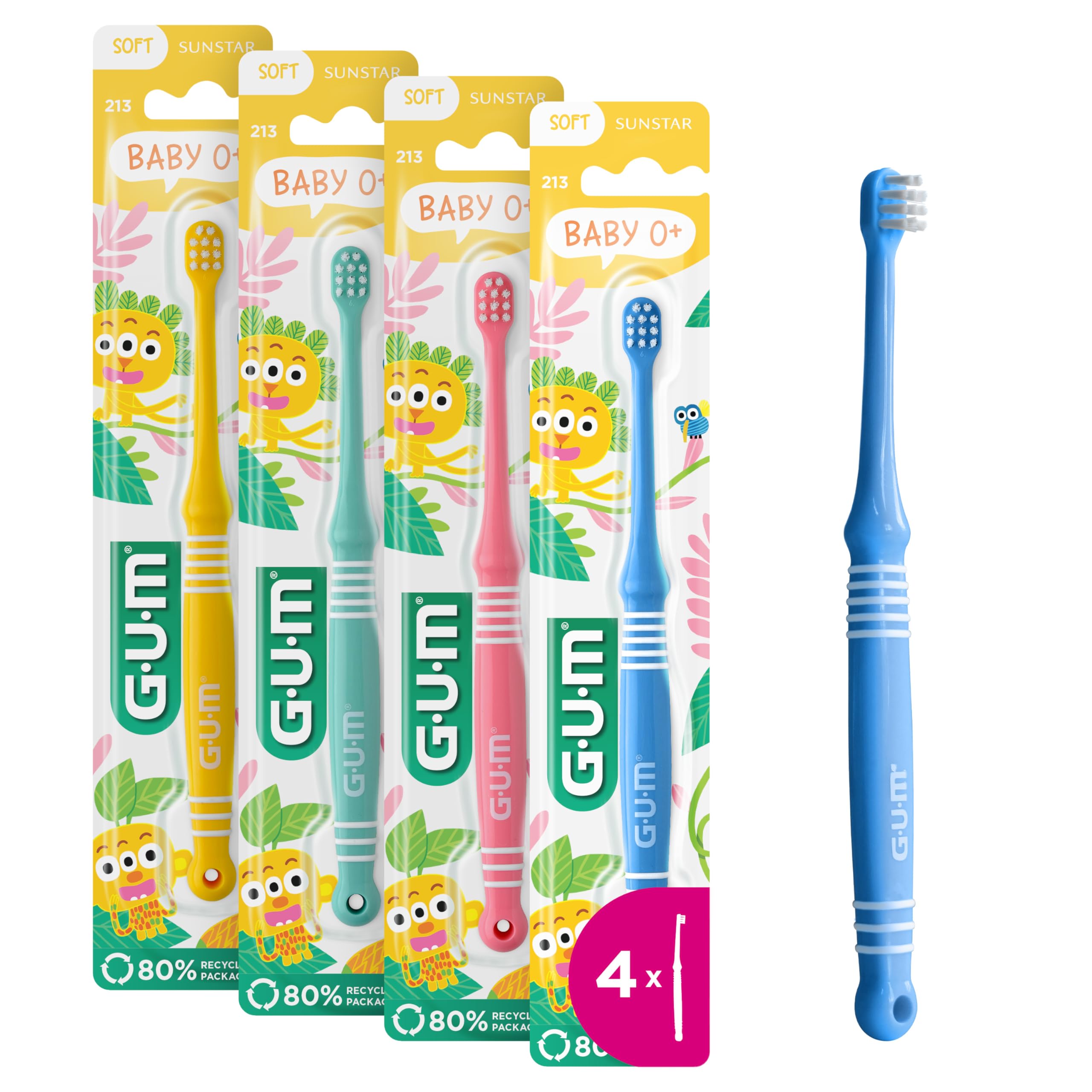 GUM Spazzolino da denti per bambini, testa extra piccola per la bocca del bambino, setole morbide, manico più lungo, per età 0-2 anni, 4 x 1 pezzo