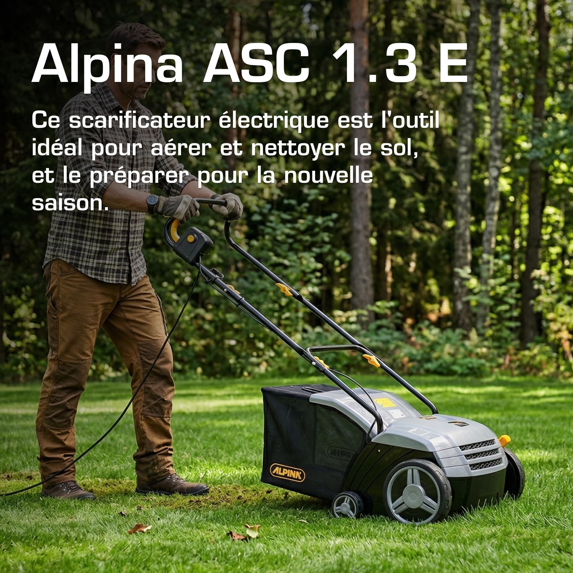 Alpina Scarificateur Electrique ASC 1.3 E, Moteur 1300 W, 16 Lames et 36 Dents, Profondeur réglable entre -6 mm et + 4 mm, Pour scarifier et aérer le terrain, Bac de ramassage de 40 L